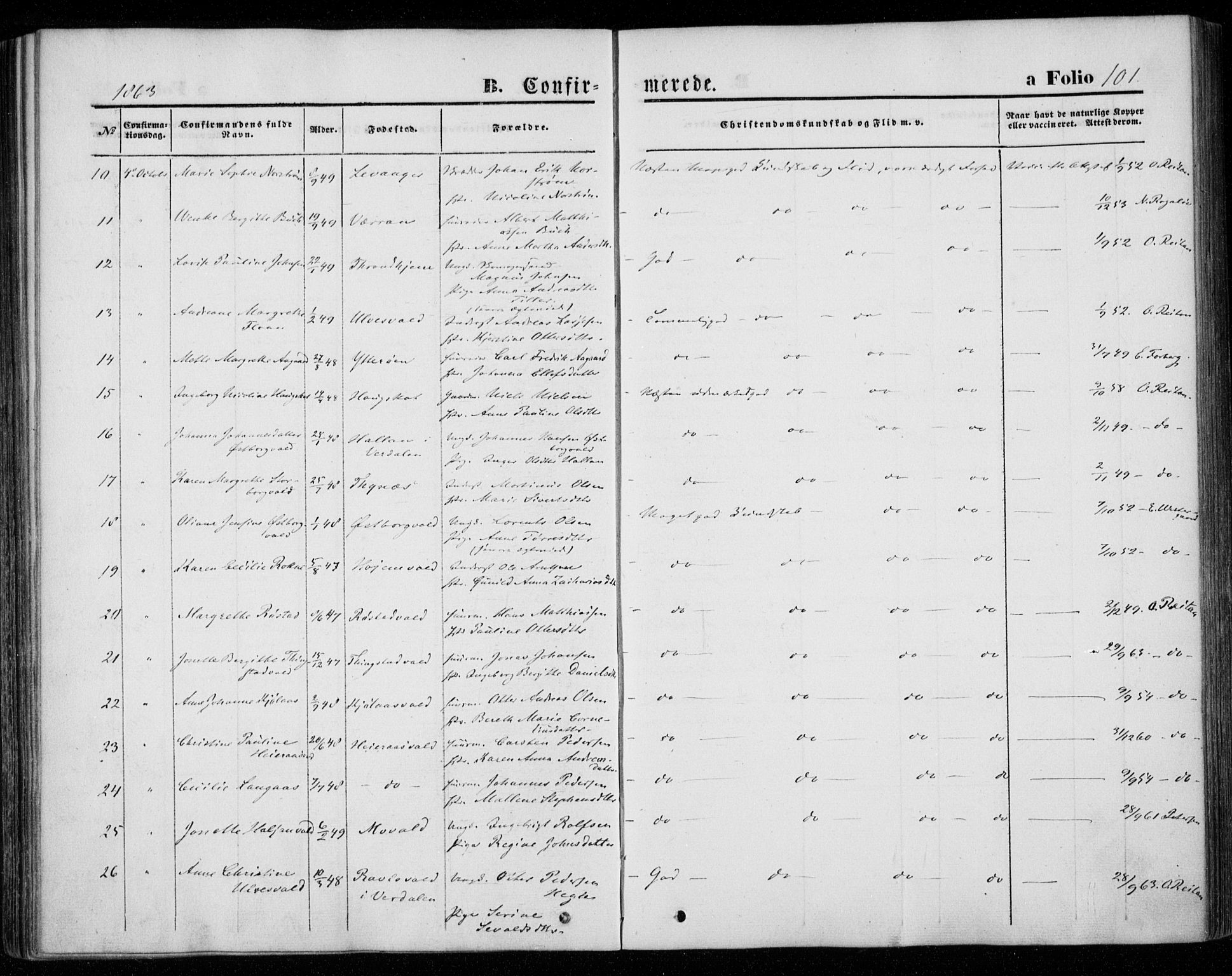 Ministerialprotokoller, klokkerbøker og fødselsregistre - Nord-Trøndelag, AV/SAT-A-1458/720/L0184: Parish register (official) no. 720A02 /1, 1855-1863, p. 101