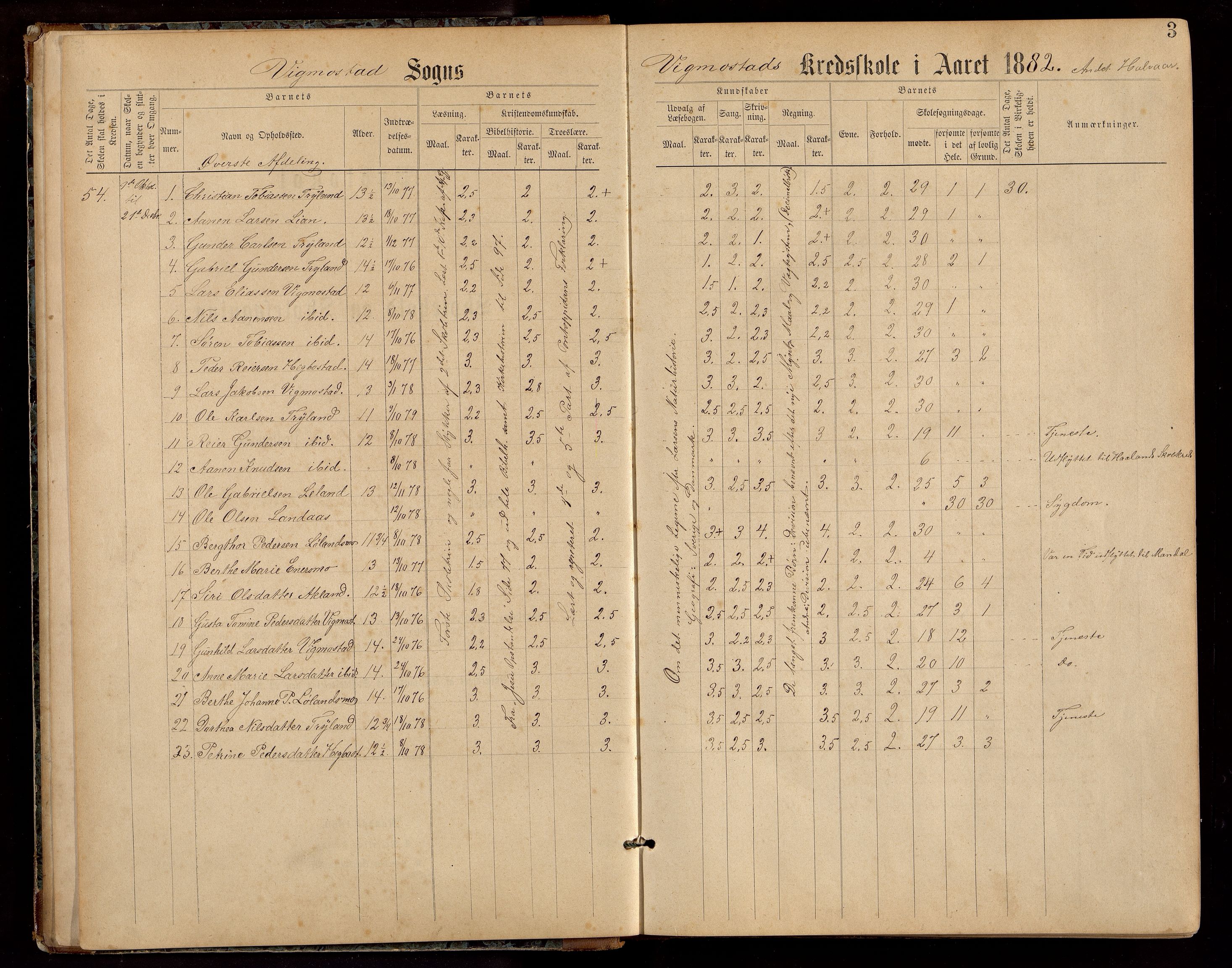 Vigmostad kommune - Vigmostad Skole, ARKSOR/1029VI553/H/L0001: Skoleprotokoll, 1882-1916