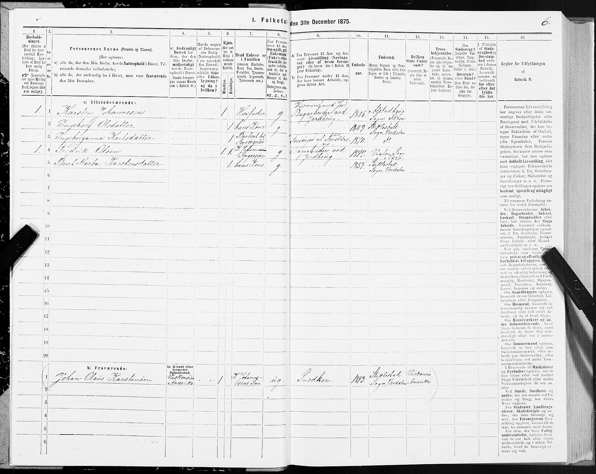 SAT, 1875 census for 1721P Verdal, 1875, p. 1006