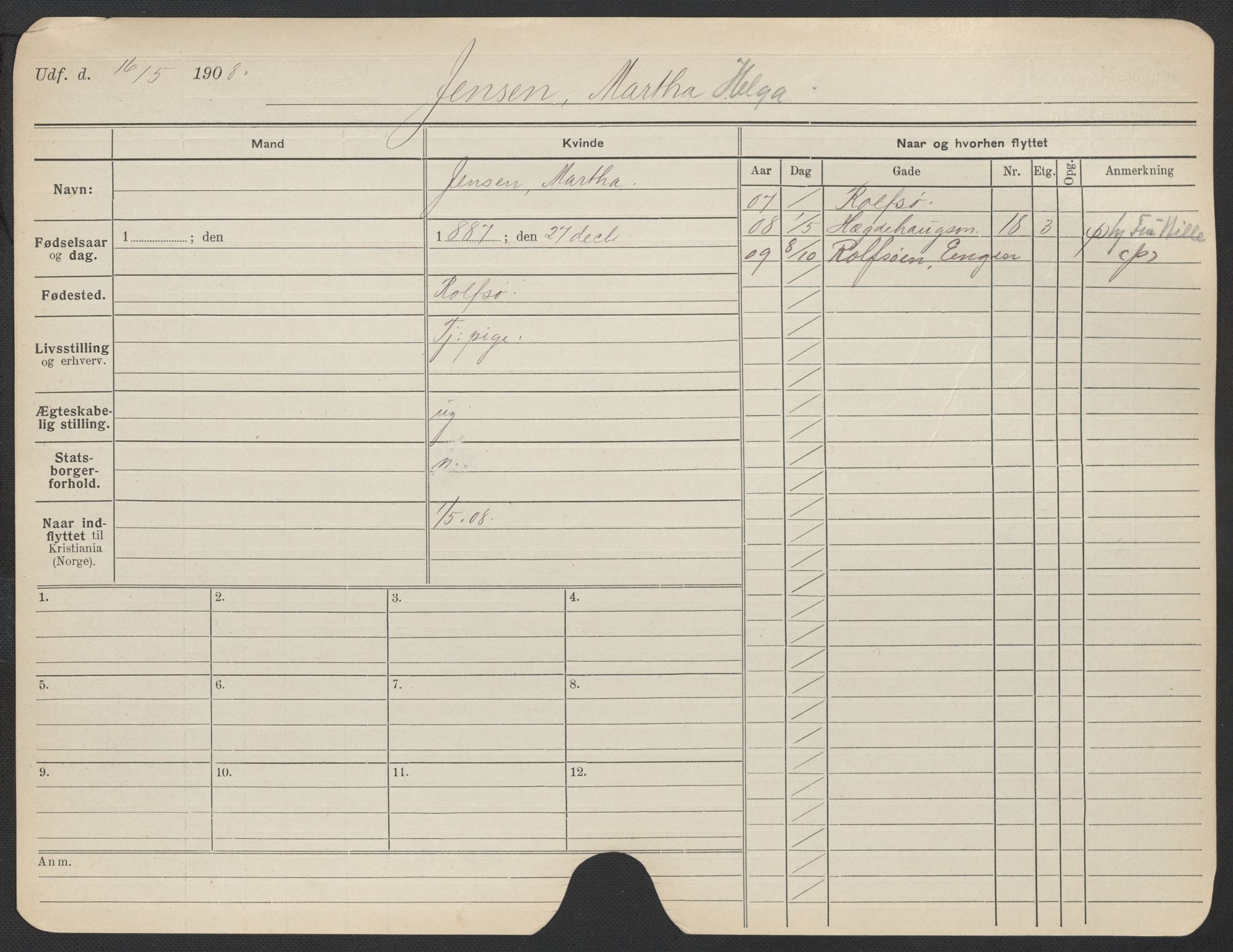 Oslo folkeregister, Registerkort, AV/SAO-A-11715/F/Fa/Fac/L0017: Kvinner, 1906-1914, p. 503a