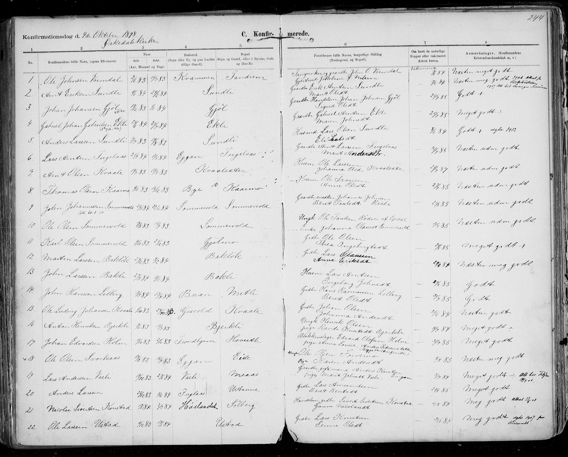 Ministerialprotokoller, klokkerbøker og fødselsregistre - Sør-Trøndelag, SAT/A-1456/668/L0811: Parish register (official) no. 668A11, 1894-1913, p. 244