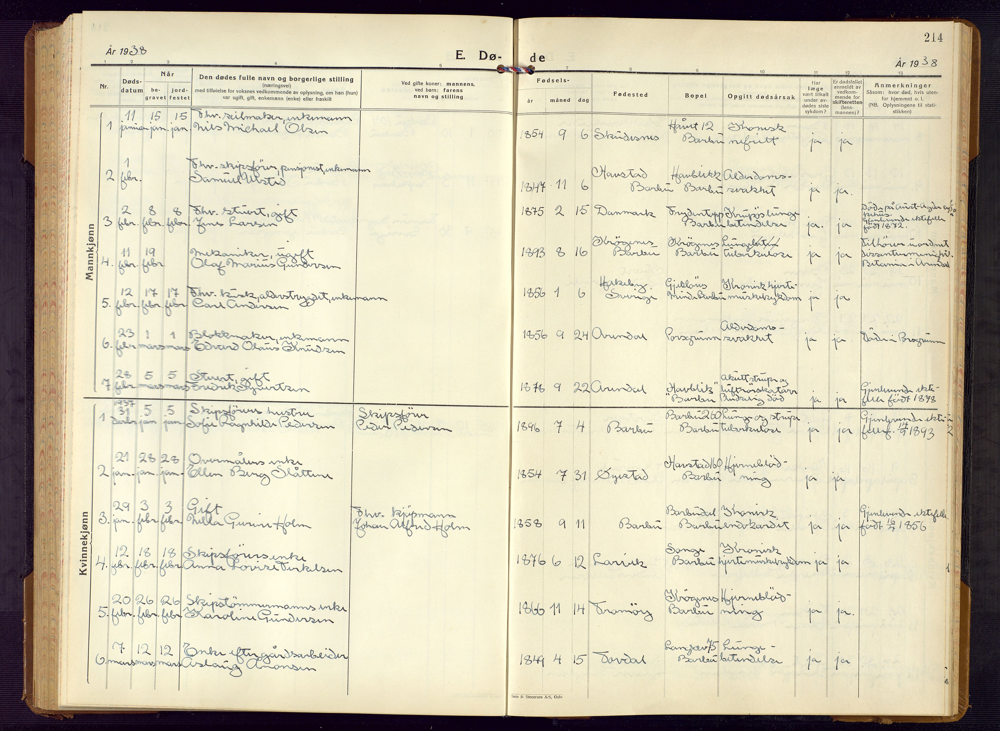 Barbu sokneprestkontor, AV/SAK-1111-0003/F/Fb/L0006: Parish register (copy) no. B 6, 1937-1947, p. 214