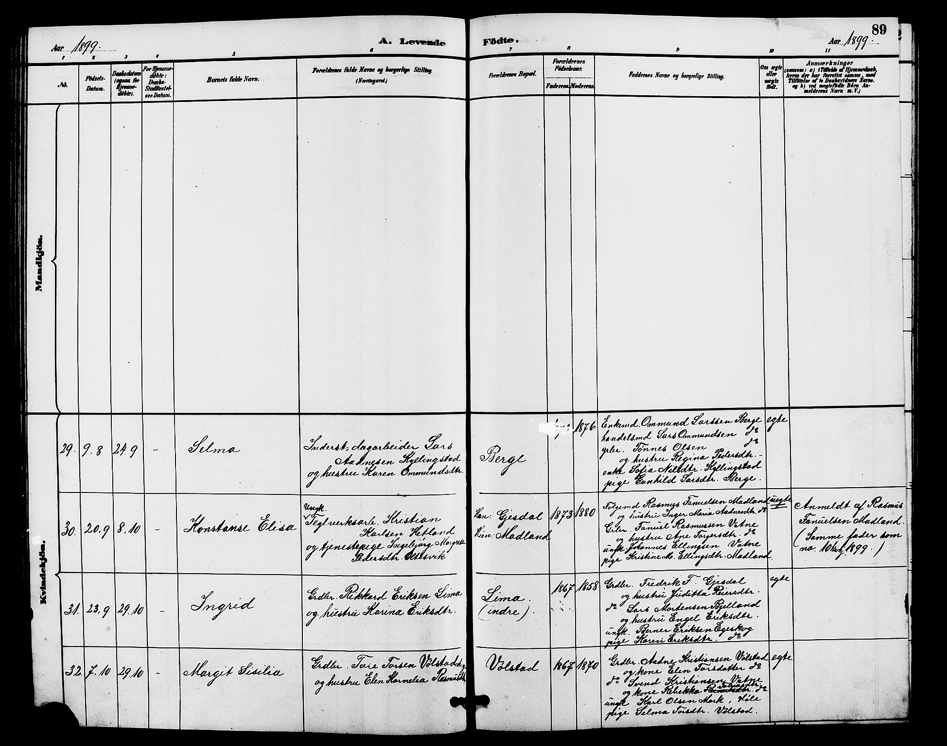 Lye sokneprestkontor, AV/SAST-A-101794/001/30BB/L0008: Parish register (copy) no. B 7, 1887-1901, p. 89