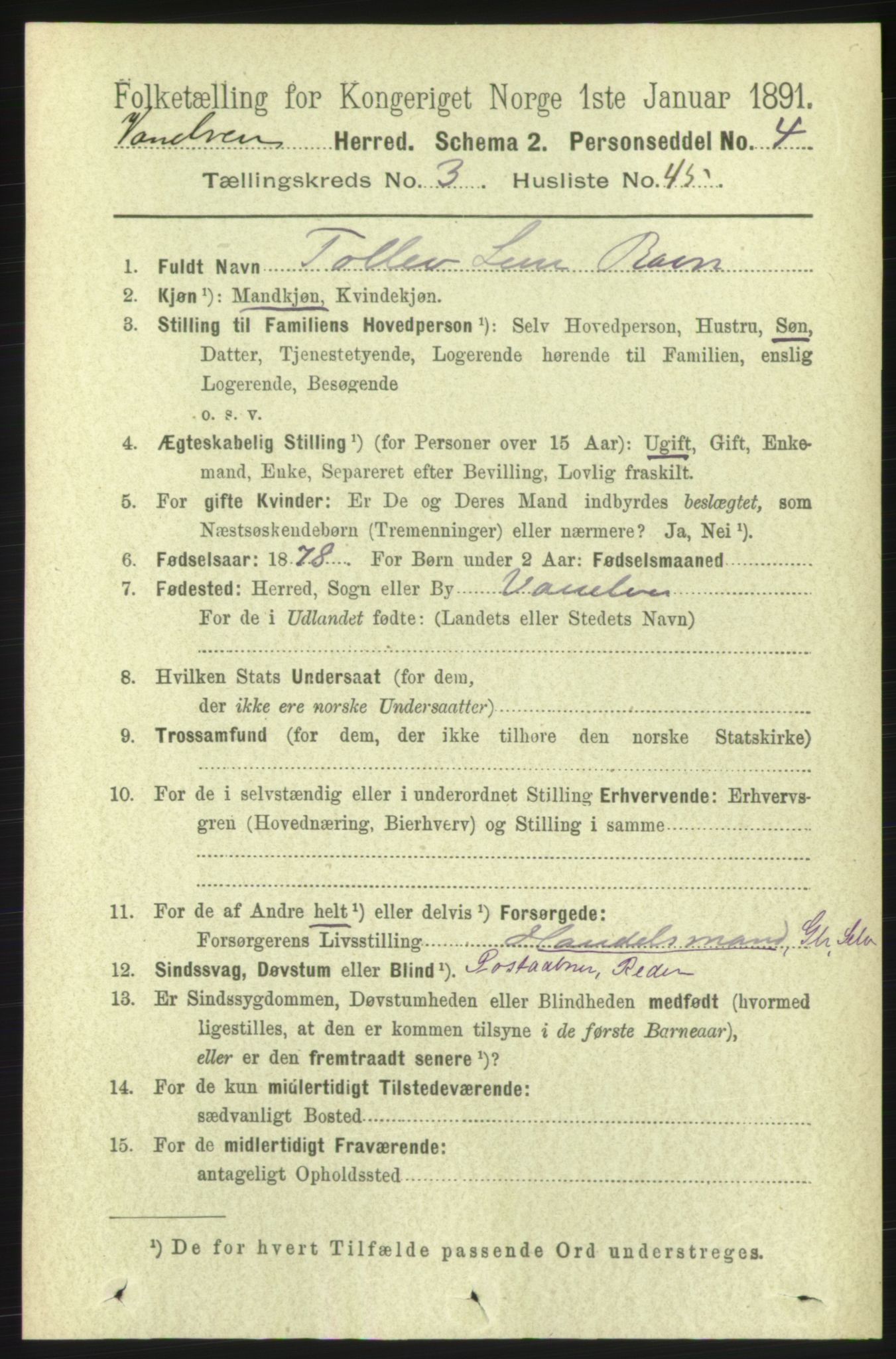 RA, 1891 census for 1511 Vanylven, 1891, p. 1500