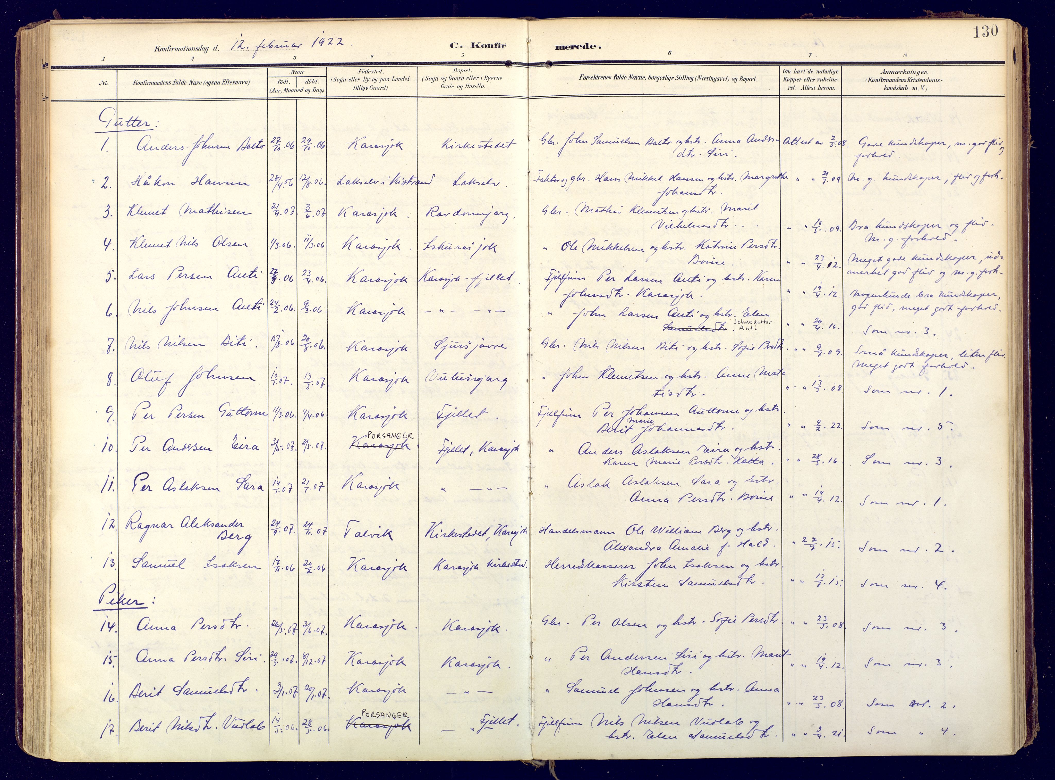 Karasjok sokneprestkontor, SATØ/S-1352/H/Ha: Parish register (official) no. 3, 1907-1926, p. 130