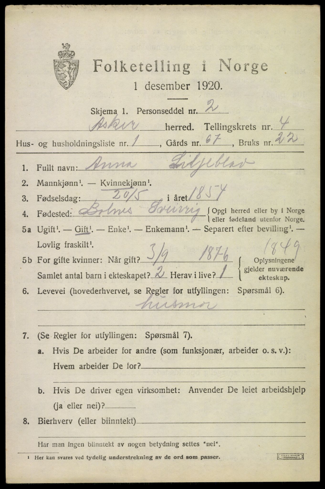 SAO, 1920 census for Asker, 1920, p. 10274