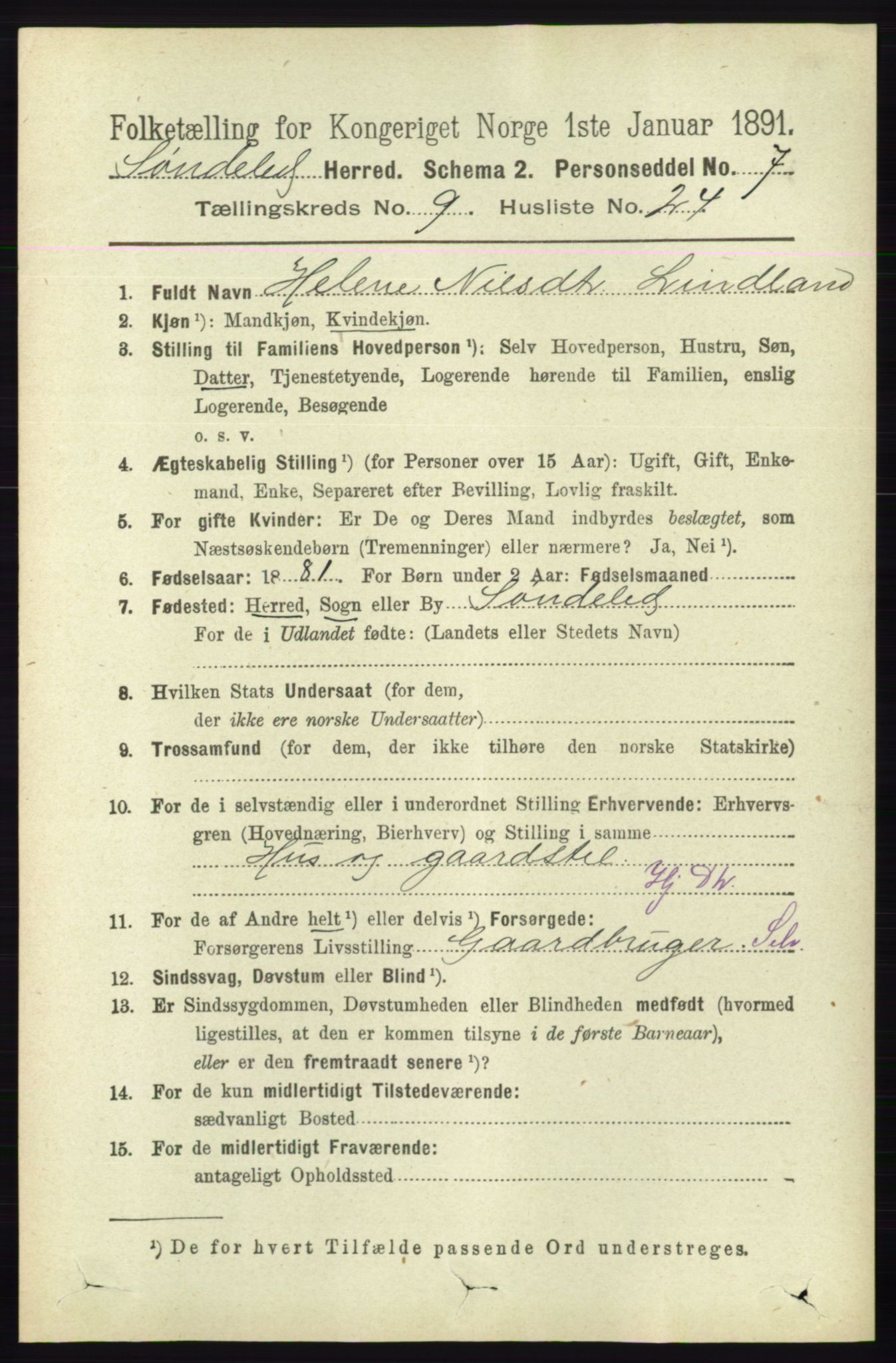 RA, 1891 census for 0913 Søndeled, 1891, p. 3029