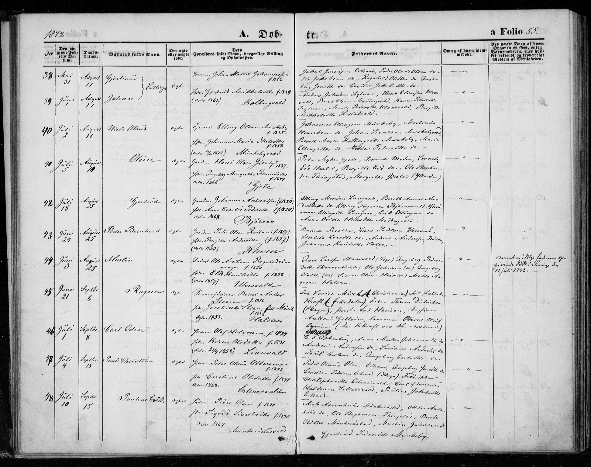 Ministerialprotokoller, klokkerbøker og fødselsregistre - Nord-Trøndelag, AV/SAT-A-1458/721/L0206: Parish register (official) no. 721A01, 1864-1874, p. 55