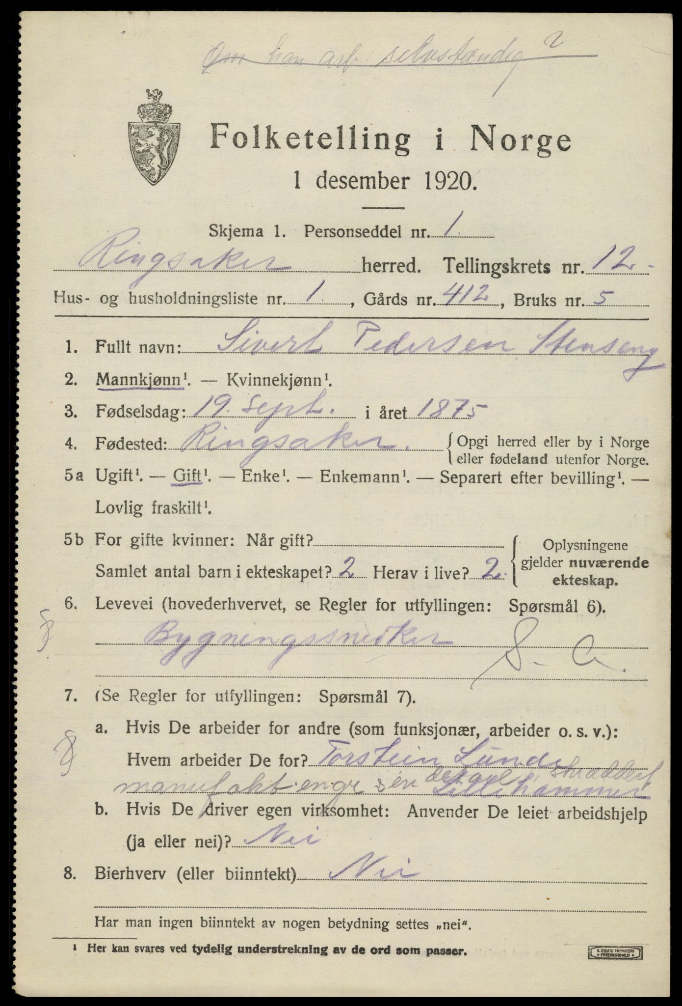 SAH, 1920 census for Ringsaker, 1920, p. 19374