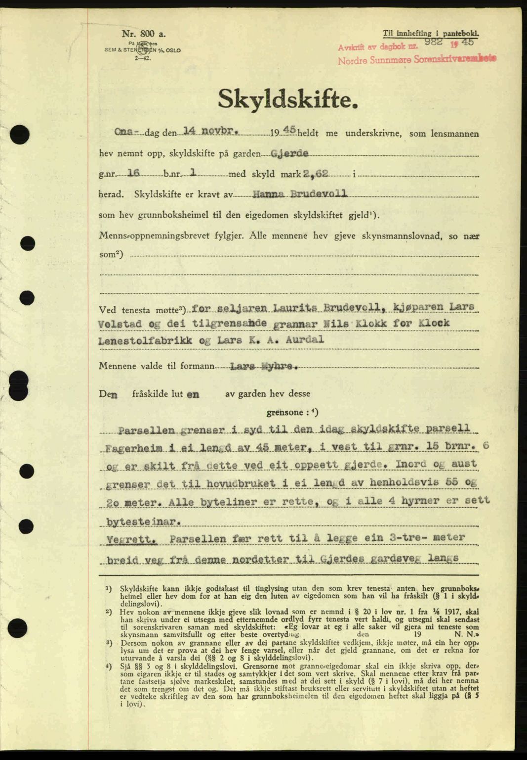 Nordre Sunnmøre sorenskriveri, AV/SAT-A-0006/1/2/2C/2Ca: Mortgage book no. A20a, 1945-1945, Diary no: : 982/1945