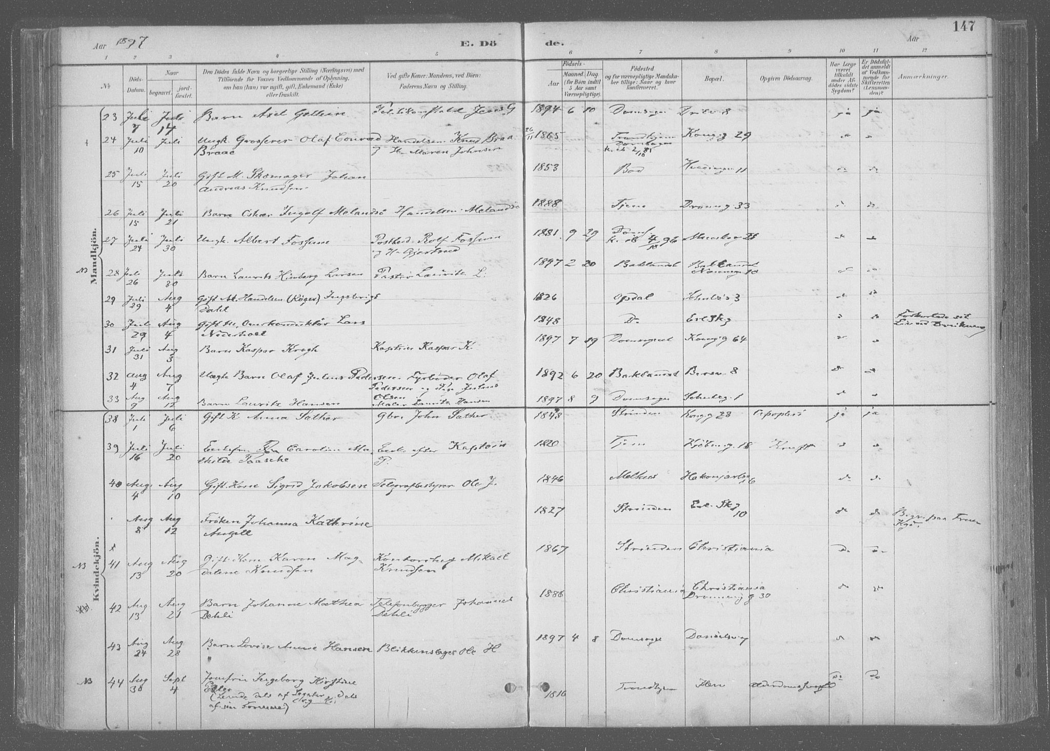Ministerialprotokoller, klokkerbøker og fødselsregistre - Sør-Trøndelag, SAT/A-1456/601/L0064: Parish register (official) no. 601A31, 1891-1911, p. 147
