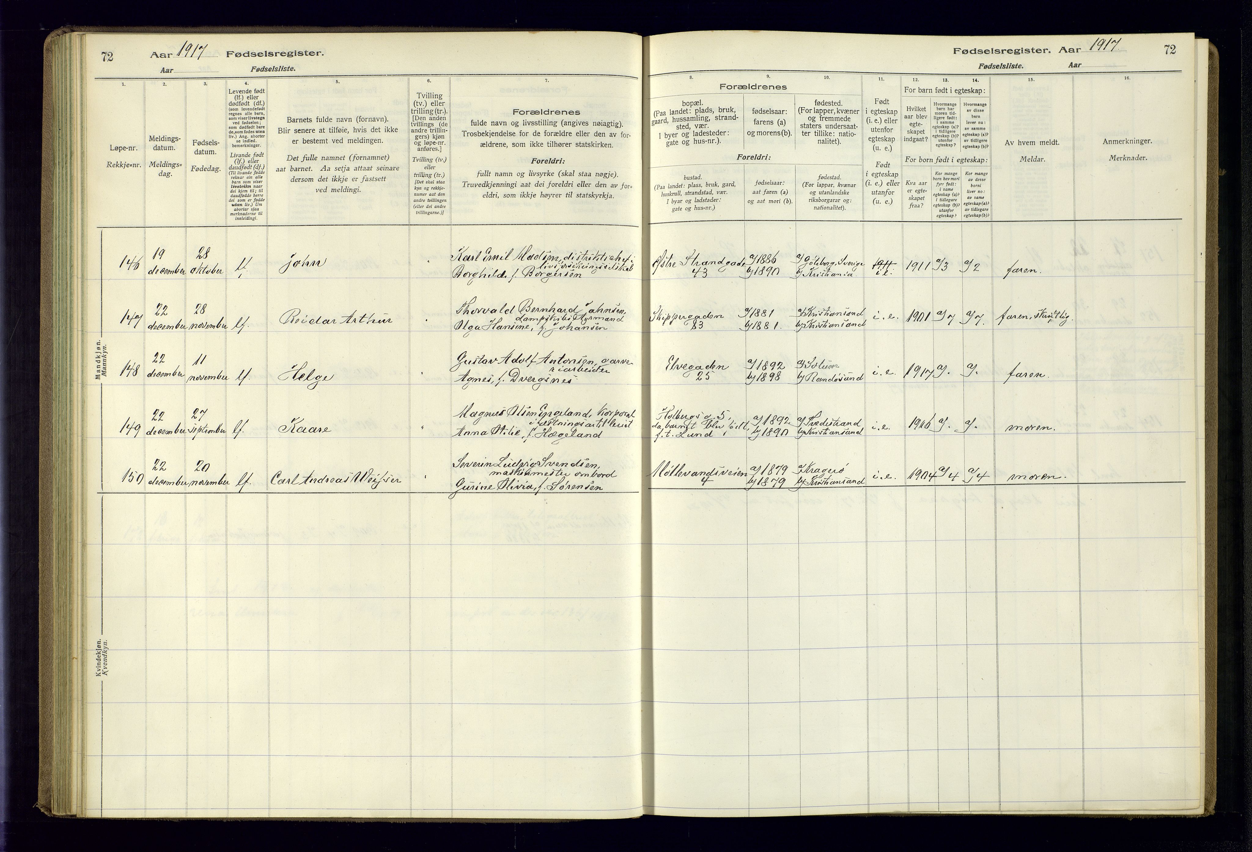 Kristiansand domprosti, AV/SAK-1112-0006/J/Jc/L0001: Birth register no. A-VI-45, 1916-1921, p. 72