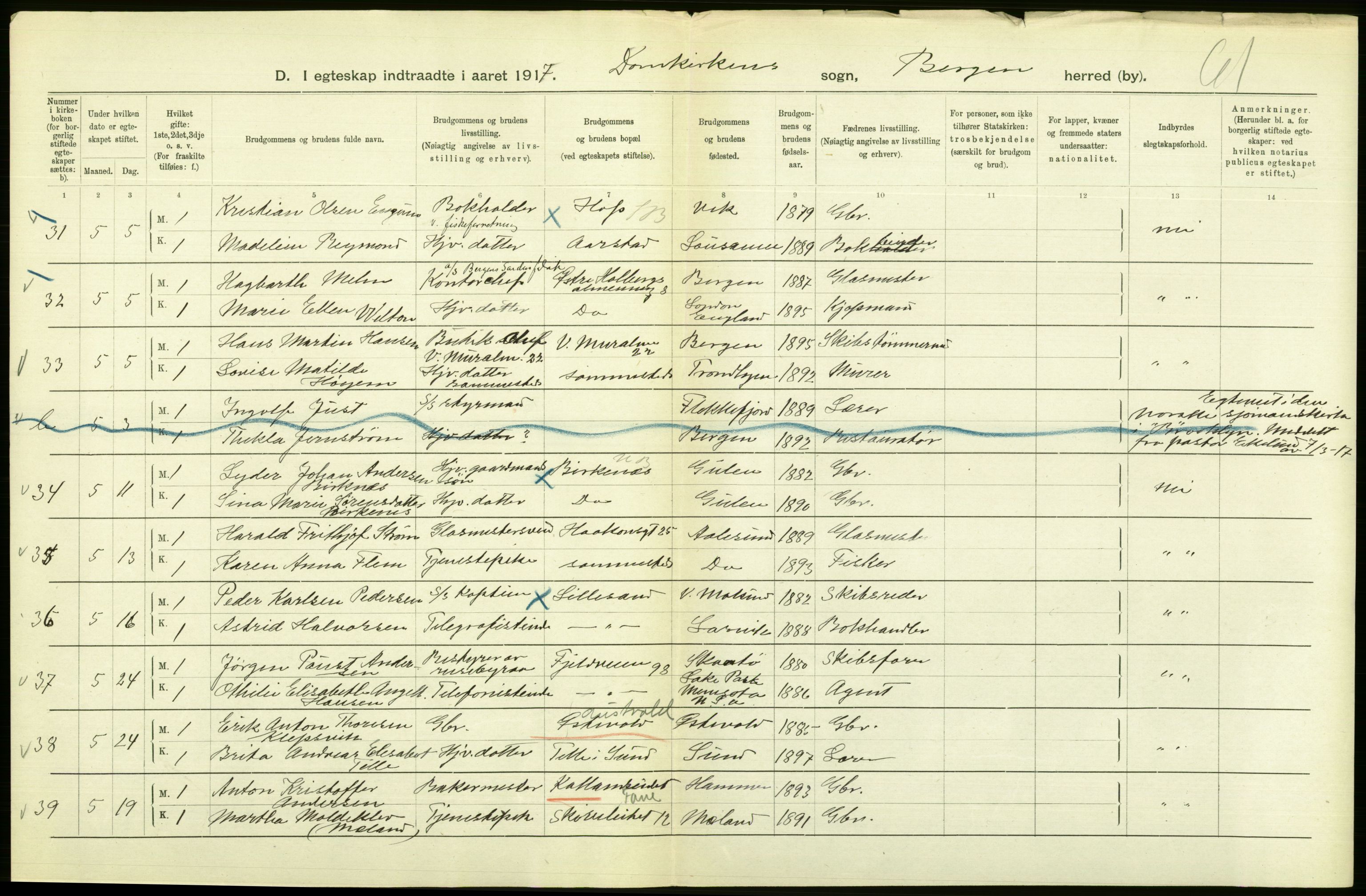 Statistisk sentralbyrå, Sosiodemografiske emner, Befolkning, AV/RA-S-2228/D/Df/Dfb/Dfbg/L0038: Bergen: Gifte, døde, dødfødte., 1917, p. 12