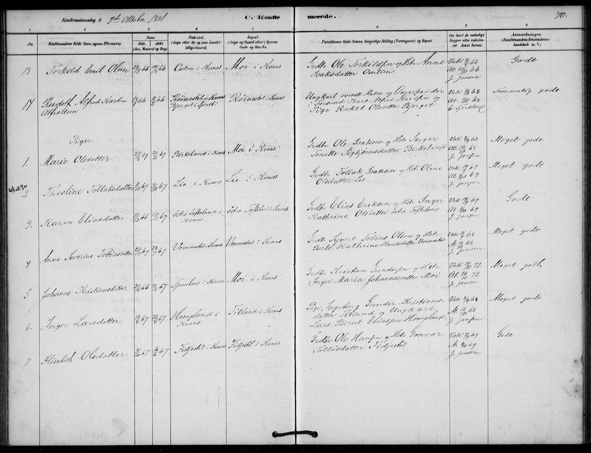 Lyngdal sokneprestkontor, AV/SAK-1111-0029/F/Fa/Fab/L0003: Parish register (official) no. A 3, 1878-1903, p. 70