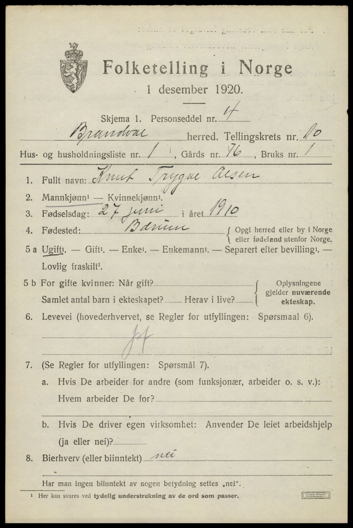 SAH, 1920 census for Brandval, 1920, p. 7756