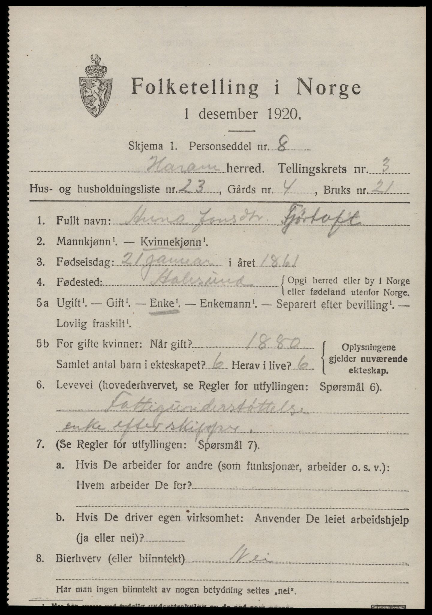 SAT, 1920 census for Haram, 1920, p. 2215