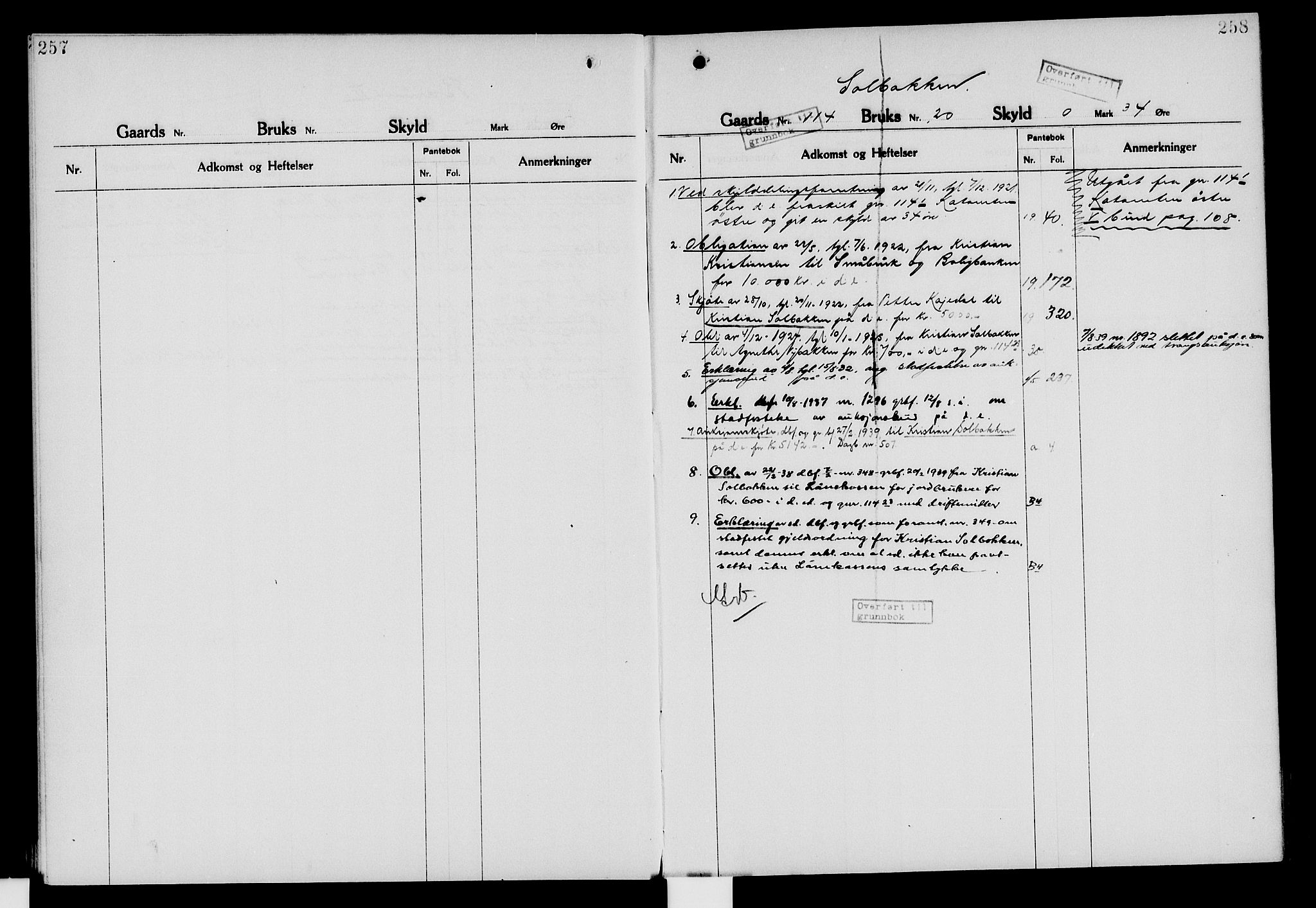 Nord-Hedmark sorenskriveri, SAH/TING-012/H/Ha/Had/Hade/L0006: Mortgage register no. 4.6, 1920-1940, p. 257-258