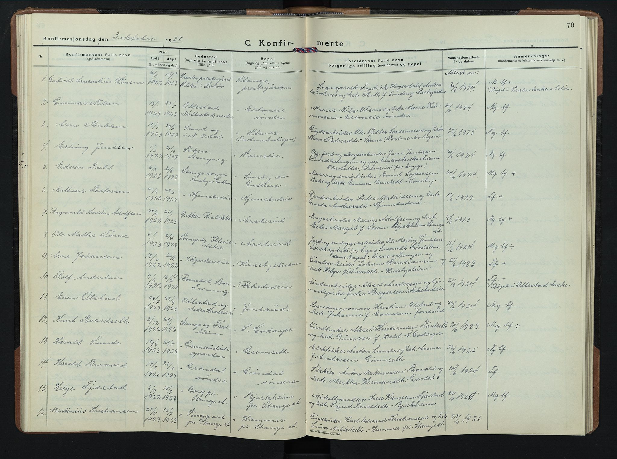 Stange prestekontor, SAH/PREST-002/L/L0020: Parish register (copy) no. 20, 1936-1947, p. 70
