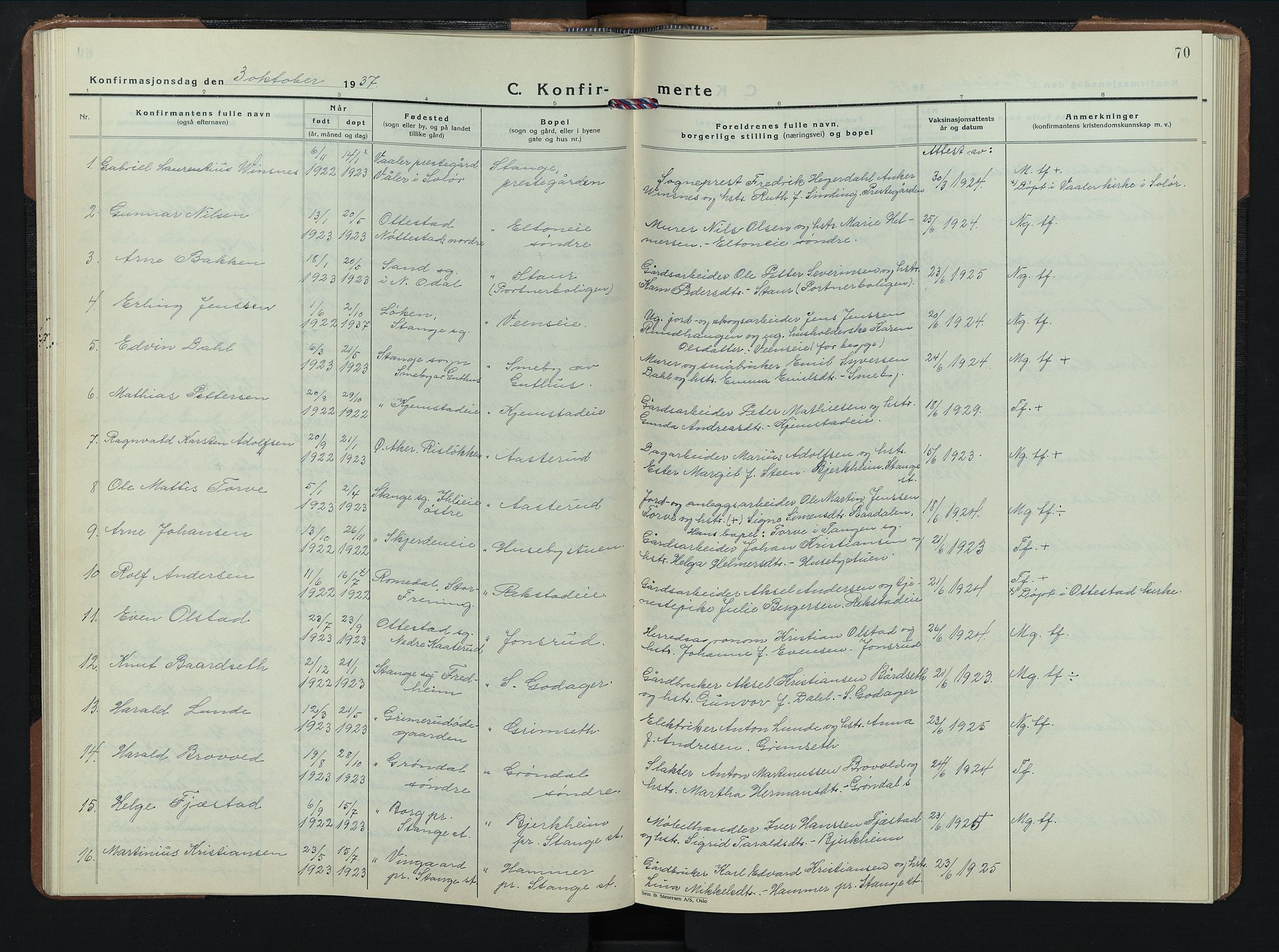 Stange prestekontor, AV/SAH-PREST-002/L/L0020: Parish register (copy) no. 20, 1936-1947, p. 70