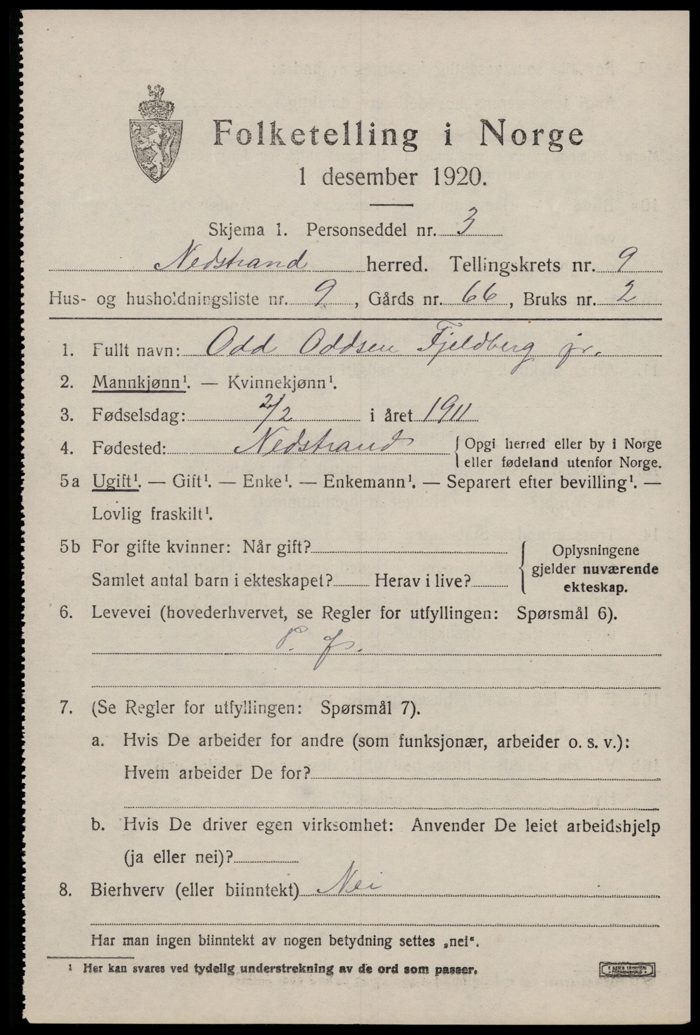 SAST, 1920 census for Nedstrand, 1920, p. 3333