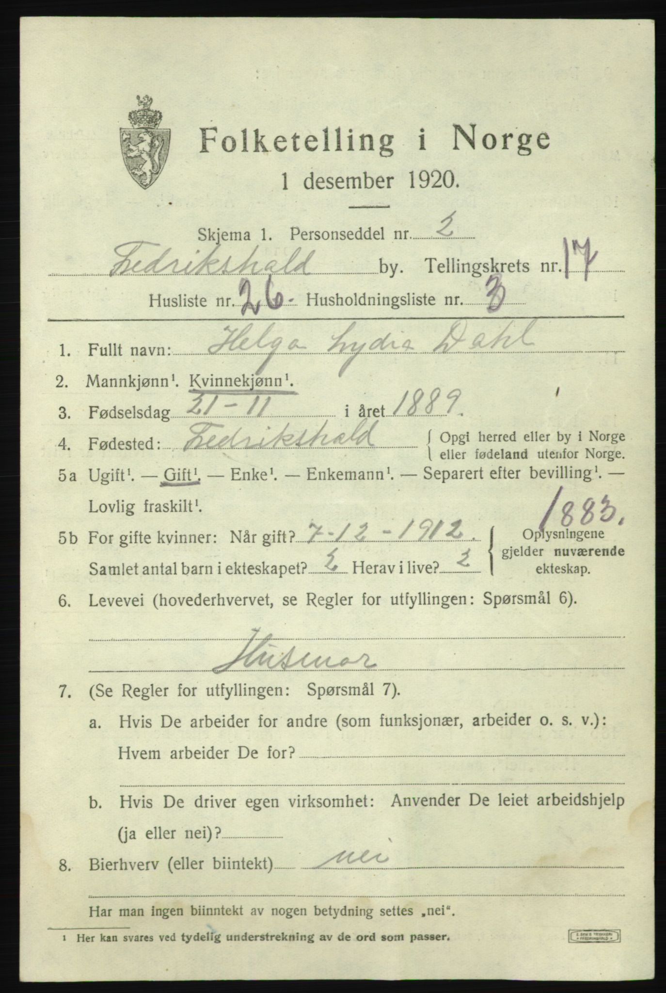 SAO, 1920 census for Fredrikshald, 1920, p. 26498