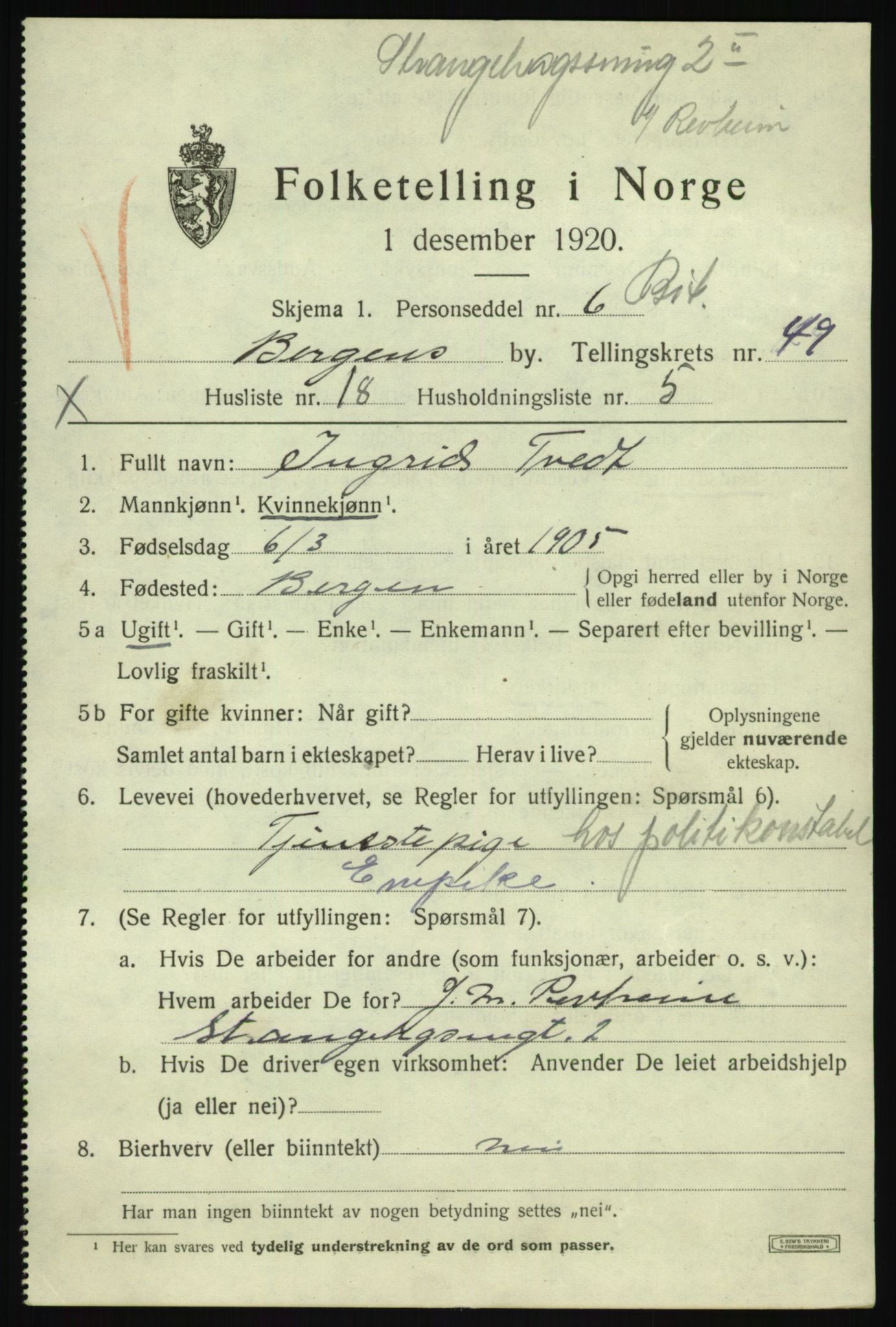 SAB, 1920 census for Bergen, 1920, p. 118423