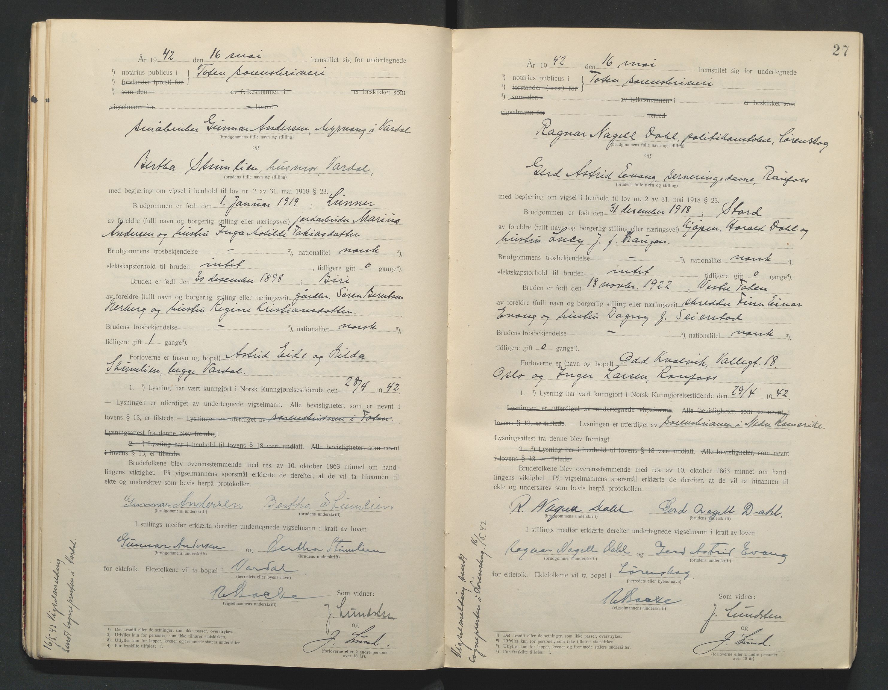 Toten tingrett, AV/SAH-TING-006/L/Lc/L0001: Vigselbok, 1920-1942, p. 27