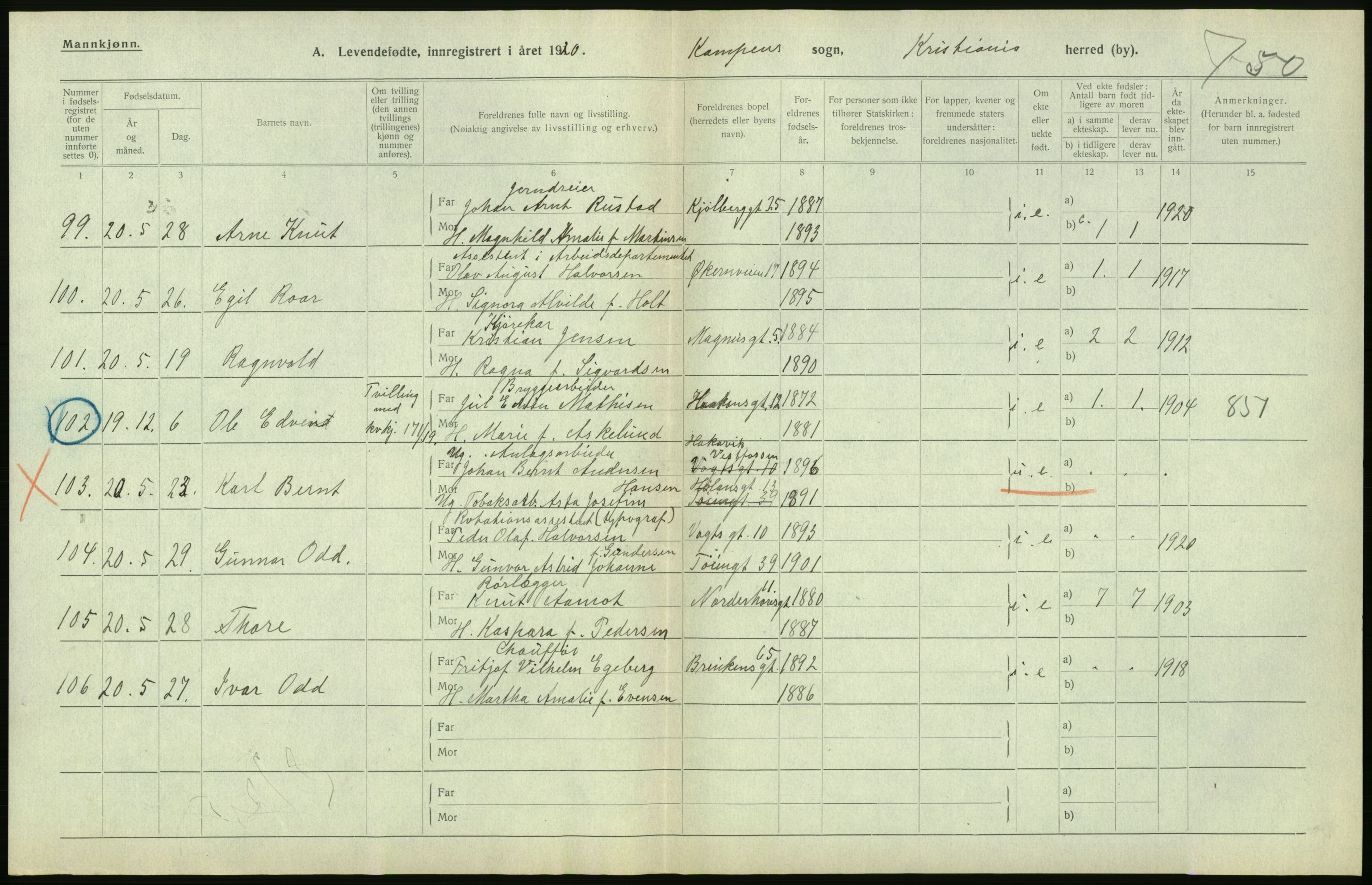 Statistisk sentralbyrå, Sosiodemografiske emner, Befolkning, AV/RA-S-2228/D/Df/Dfb/Dfbj/L0008: Kristiania: Levendefødte menn og kvinner., 1920, p. 208