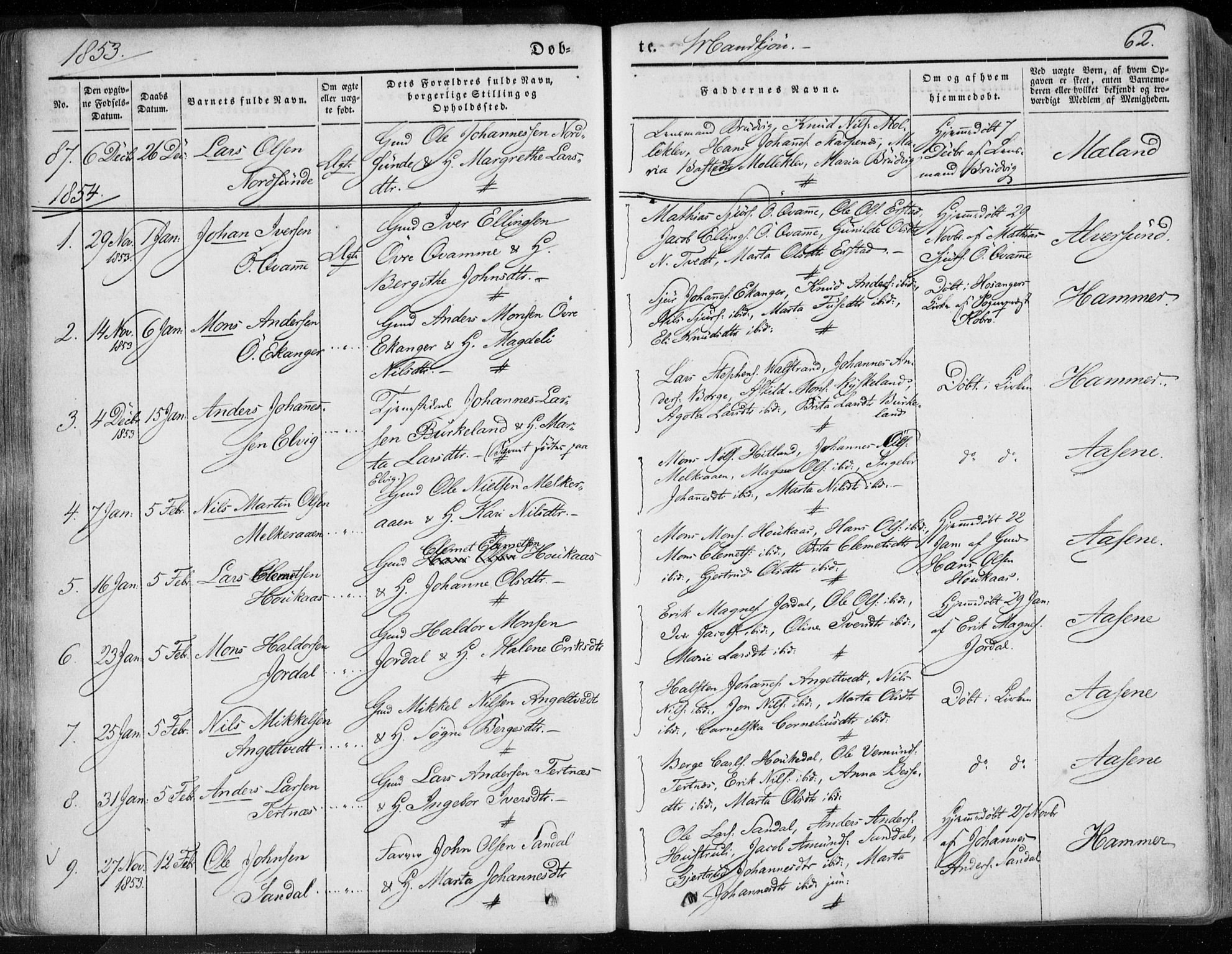 Hamre sokneprestembete, AV/SAB-A-75501/H/Ha/Haa/Haaa/L0013: Parish register (official) no. A 13, 1846-1857, p. 62