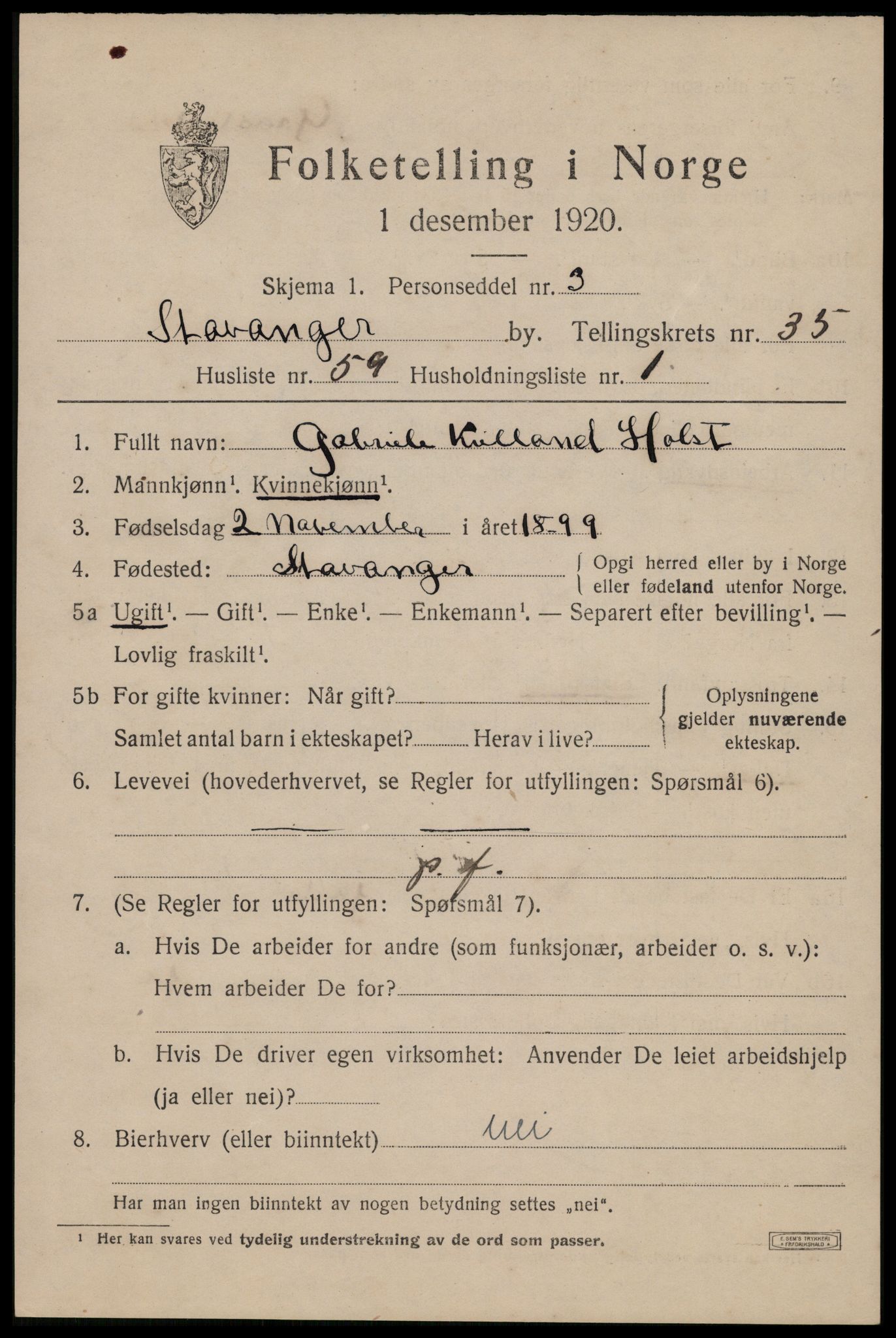 SAST, 1920 census for Stavanger, 1920, p. 94718