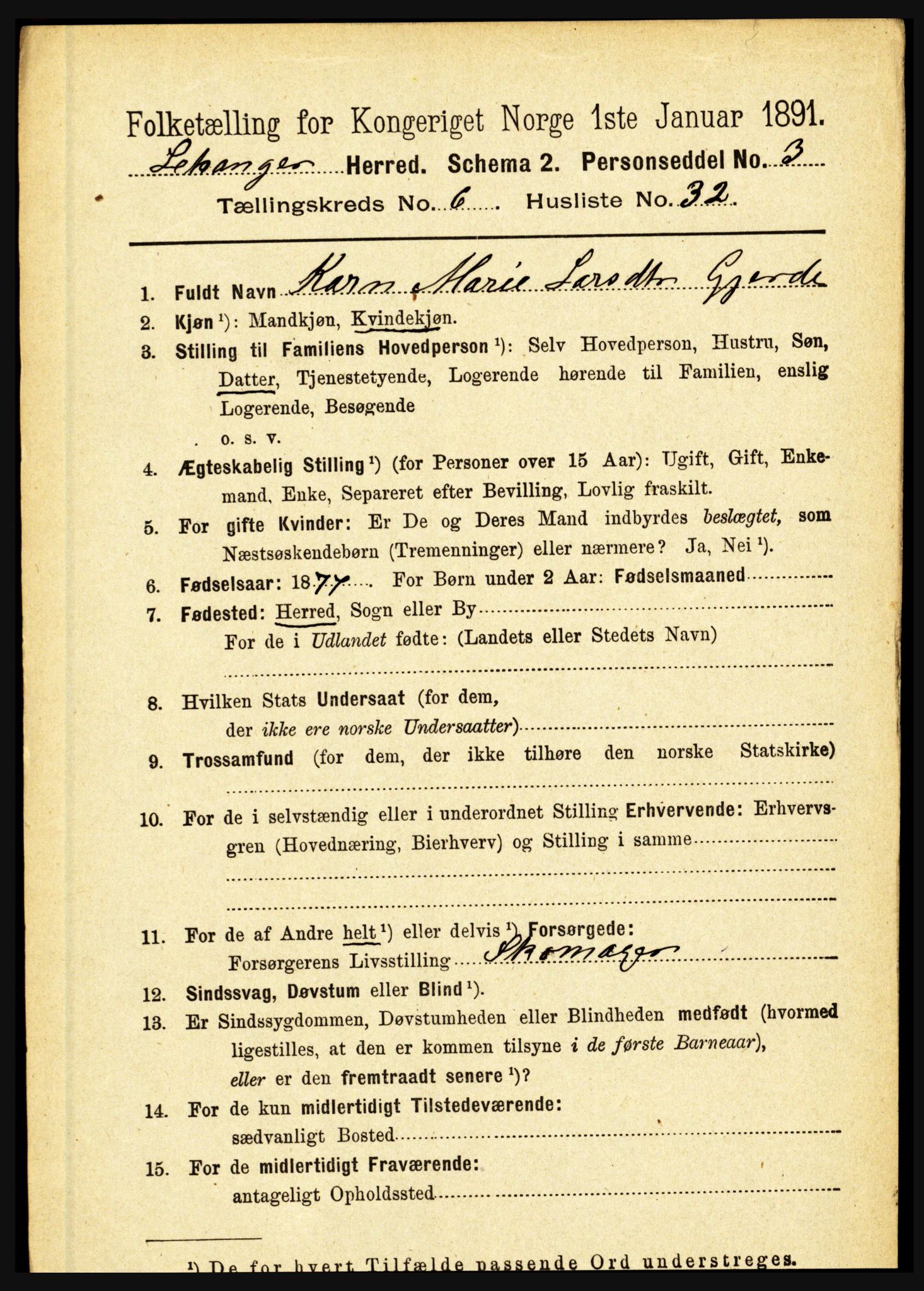 RA, 1891 census for 1419 Leikanger, 1891, p. 1301