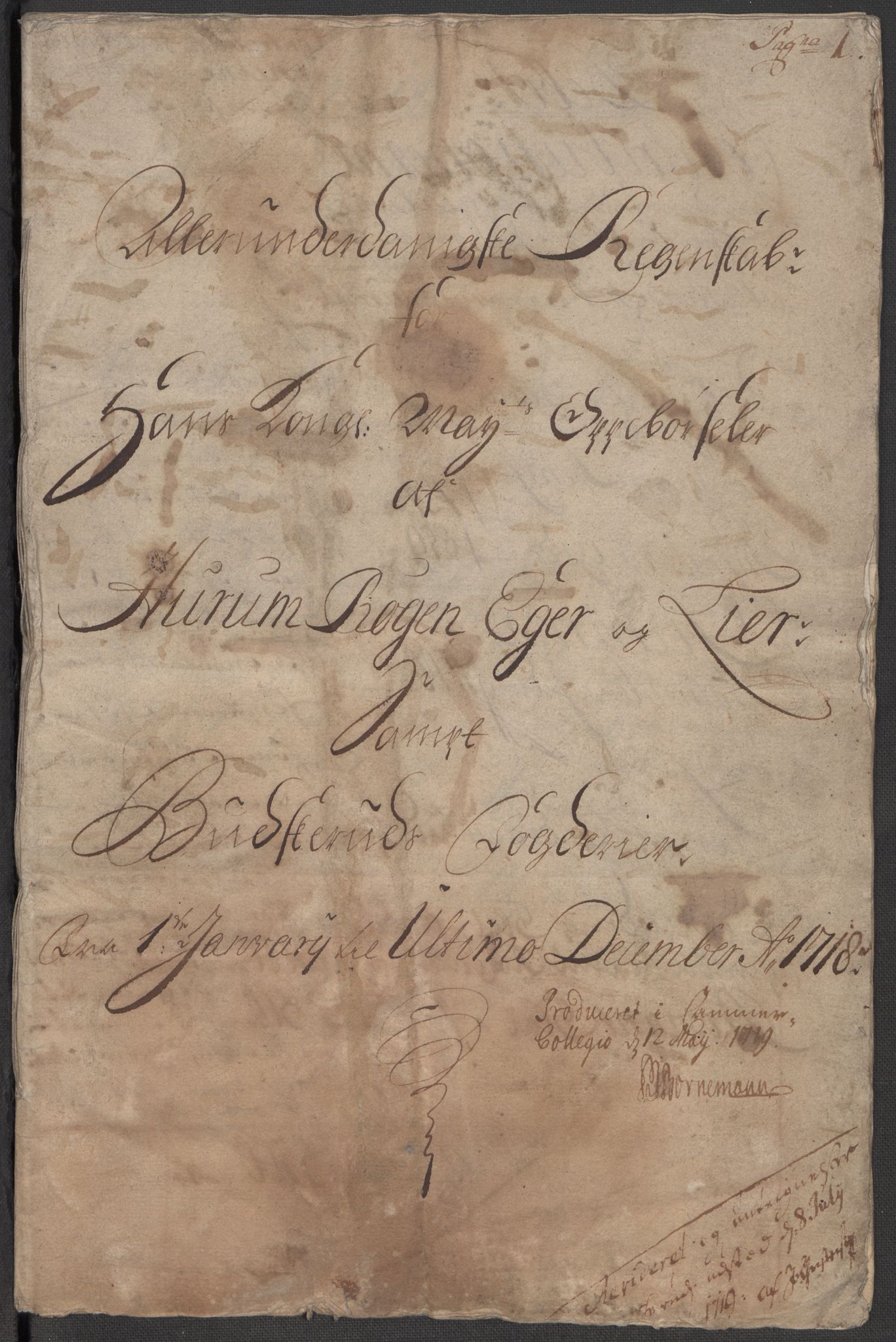 Rentekammeret inntil 1814, Reviderte regnskaper, Fogderegnskap, AV/RA-EA-4092/R31/L1712: Fogderegnskap Hurum, Røyken, Eiker, Lier og Buskerud, 1718, p. 3