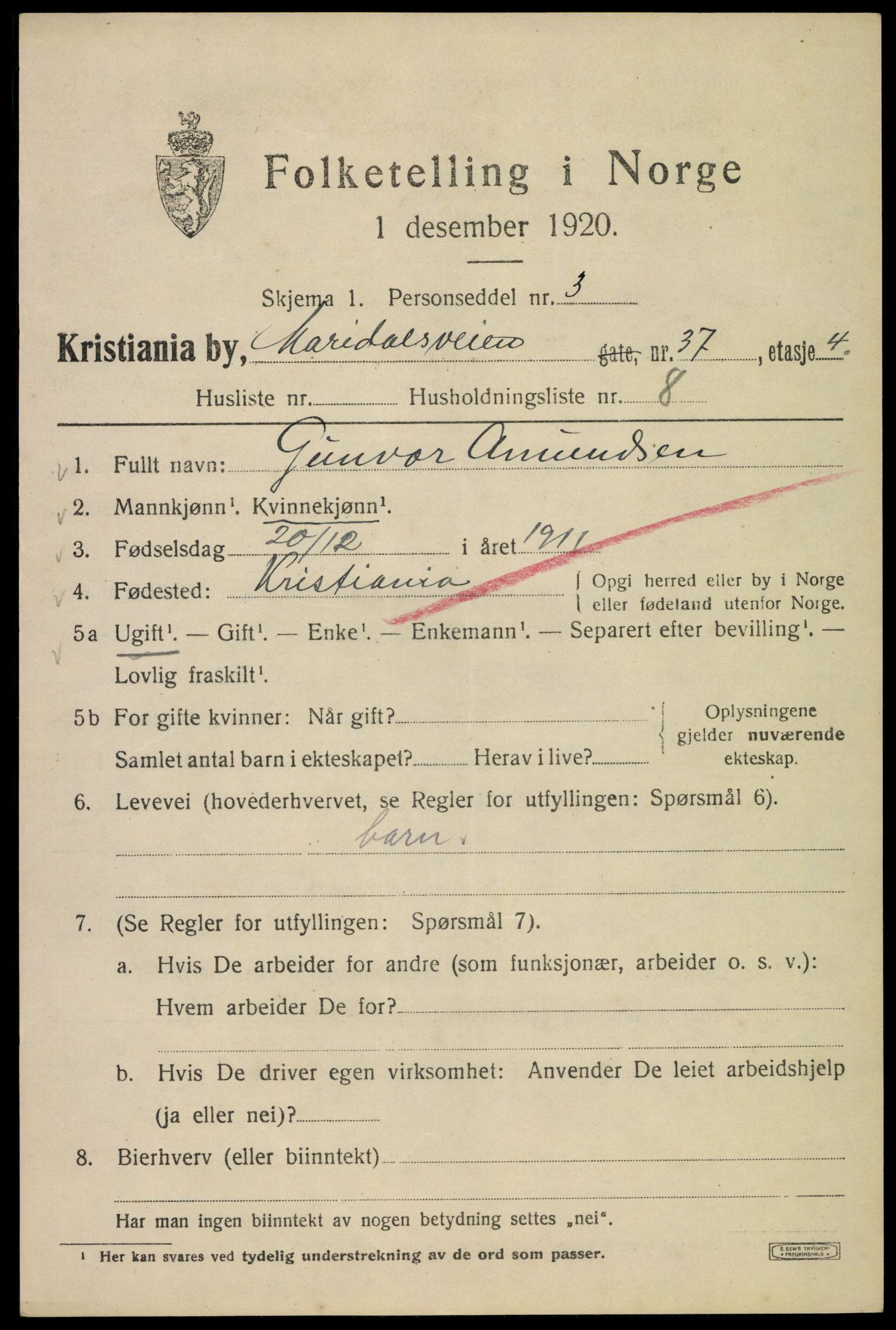 SAO, 1920 census for Kristiania, 1920, p. 378025