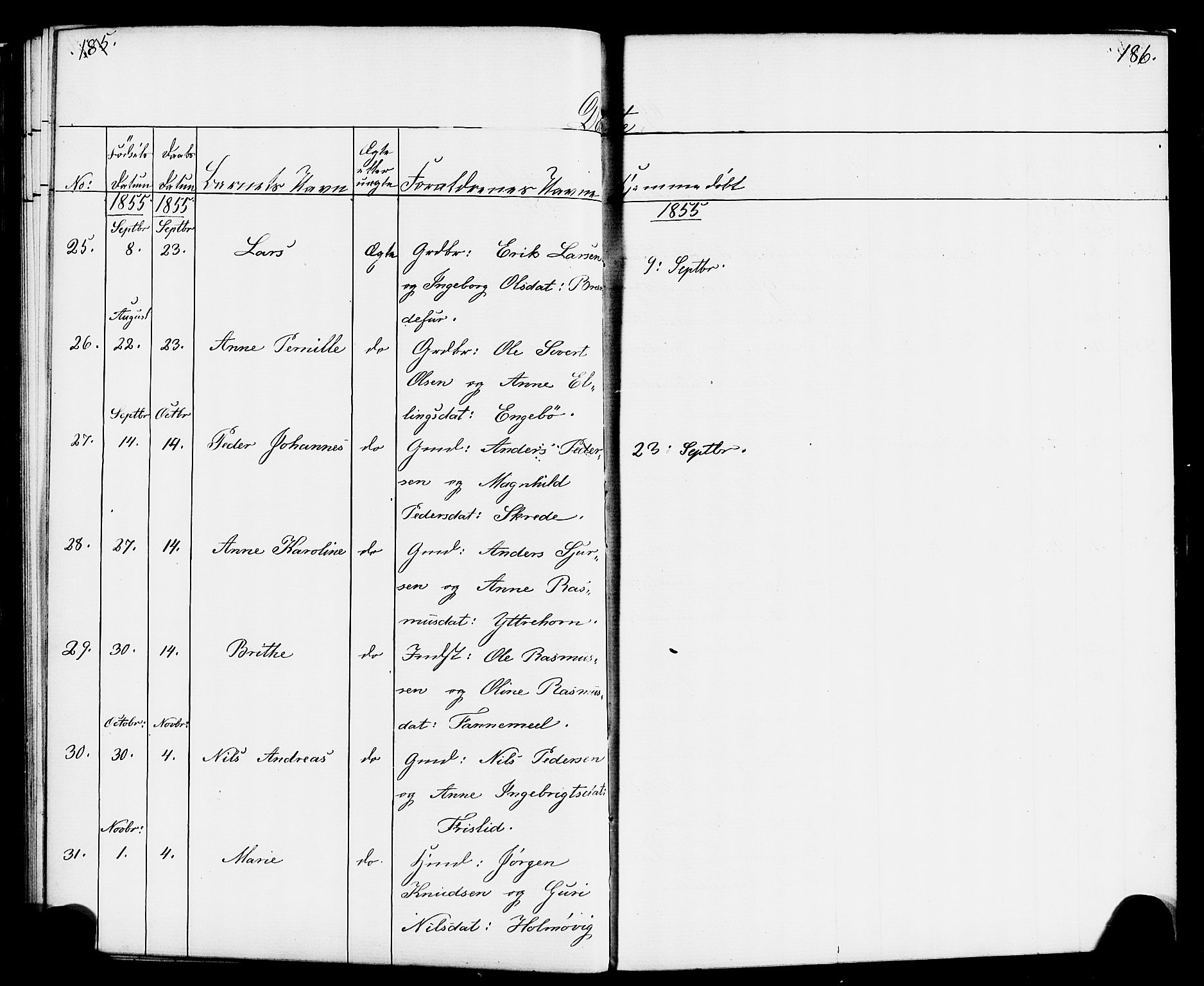 Hornindal sokneprestembete, AV/SAB-A-82401/H/Haa/Haaa/L0001: Parish register (official) no. A 1, 1837-1866, p. 186-187