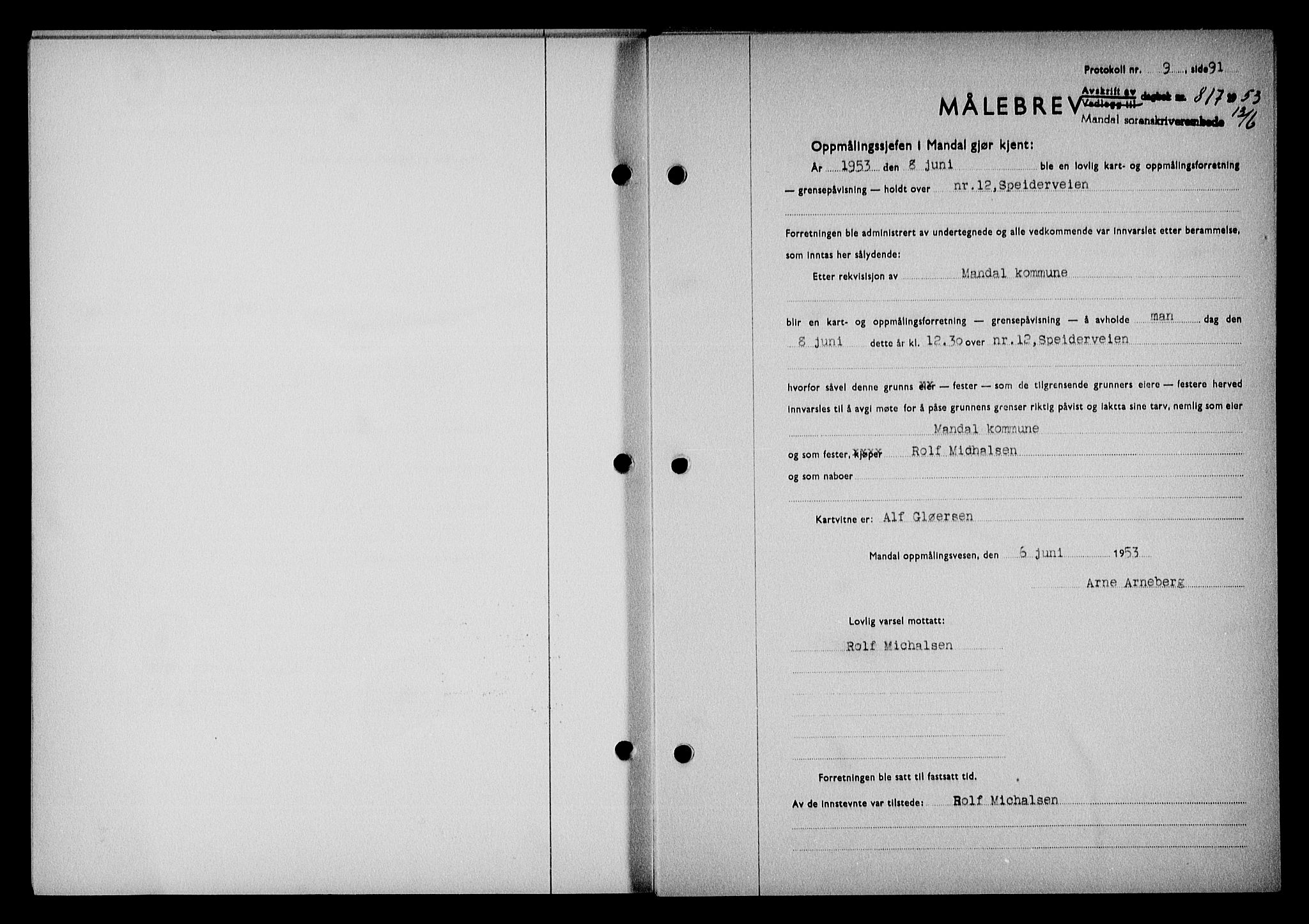 Mandal sorenskriveri, SAK/1221-0005/001/G/Gb/Gba/L0087: Mortgage book no. A-24, 1953-1953, Diary no: : 817/1953