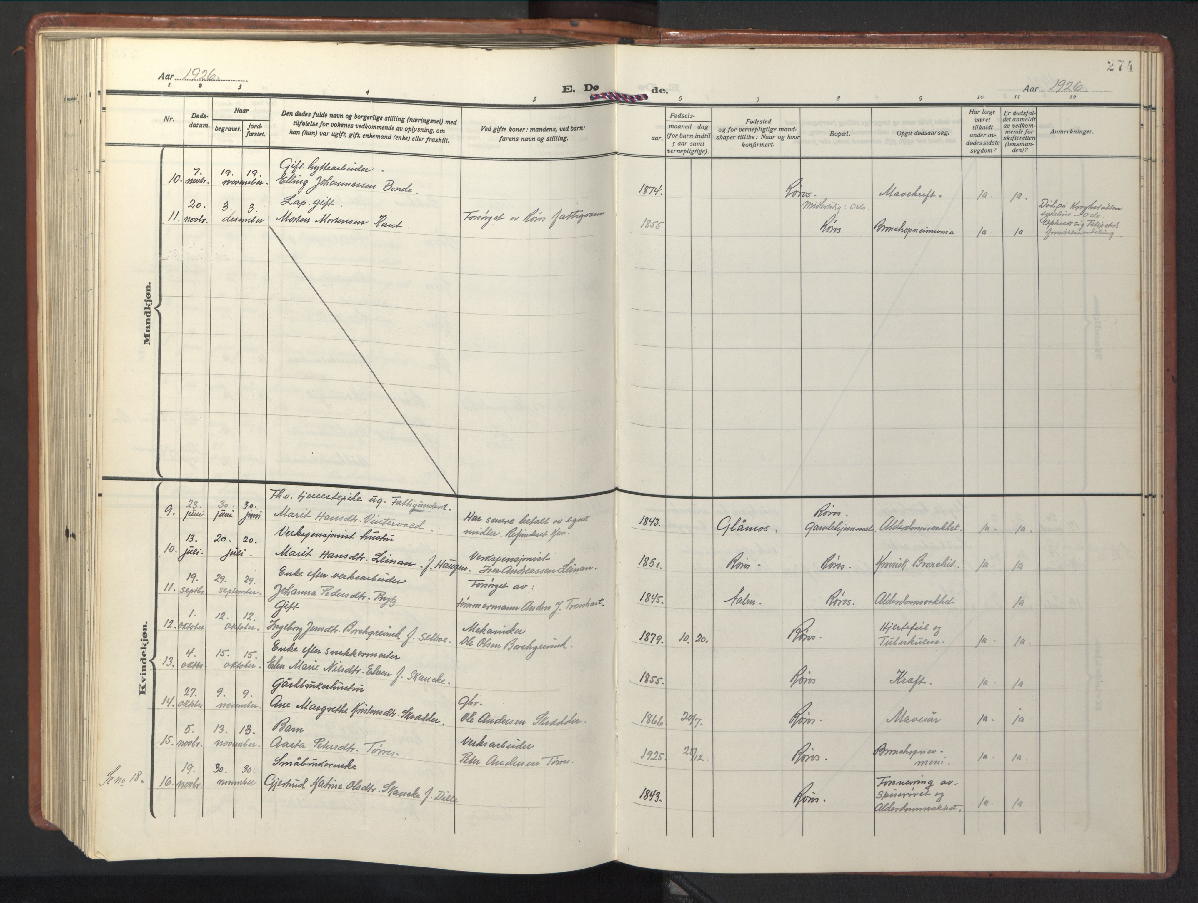 Ministerialprotokoller, klokkerbøker og fødselsregistre - Sør-Trøndelag, SAT/A-1456/681/L0943: Parish register (copy) no. 681C07, 1926-1954, p. 274