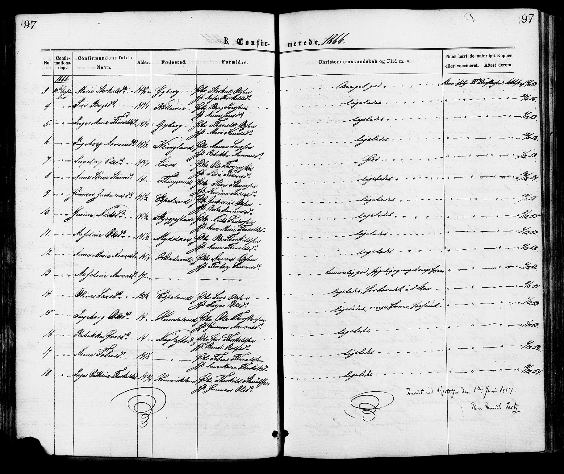 Hægebostad sokneprestkontor, AV/SAK-1111-0024/F/Fa/Faa/L0005: Parish register (official) no. A 5, 1864-1886, p. 97