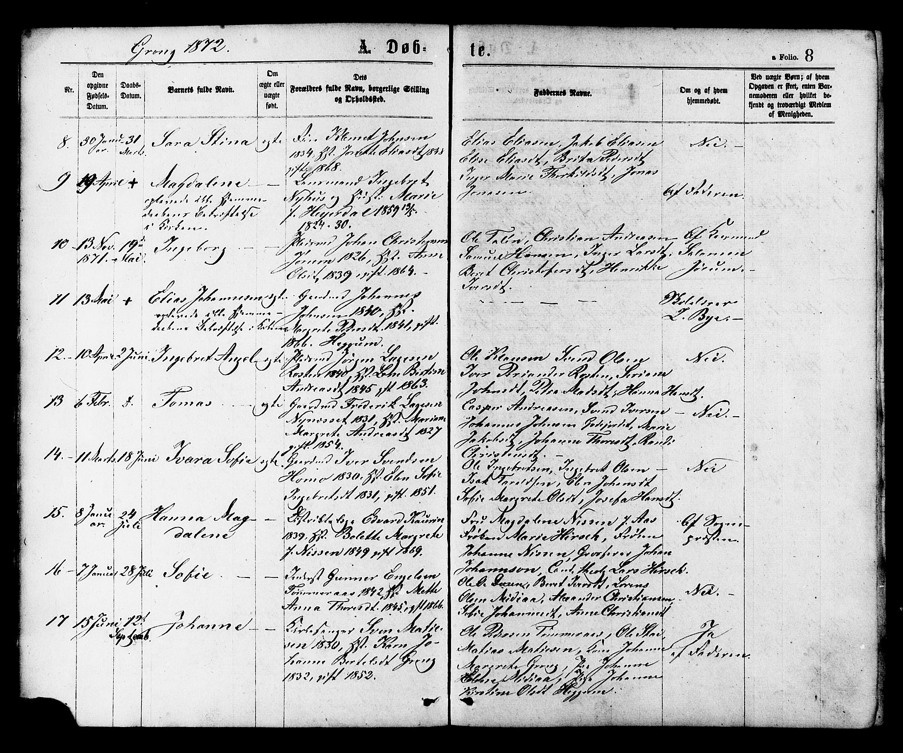 Ministerialprotokoller, klokkerbøker og fødselsregistre - Nord-Trøndelag, SAT/A-1458/758/L0516: Parish register (official) no. 758A03 /1, 1869-1879, p. 8