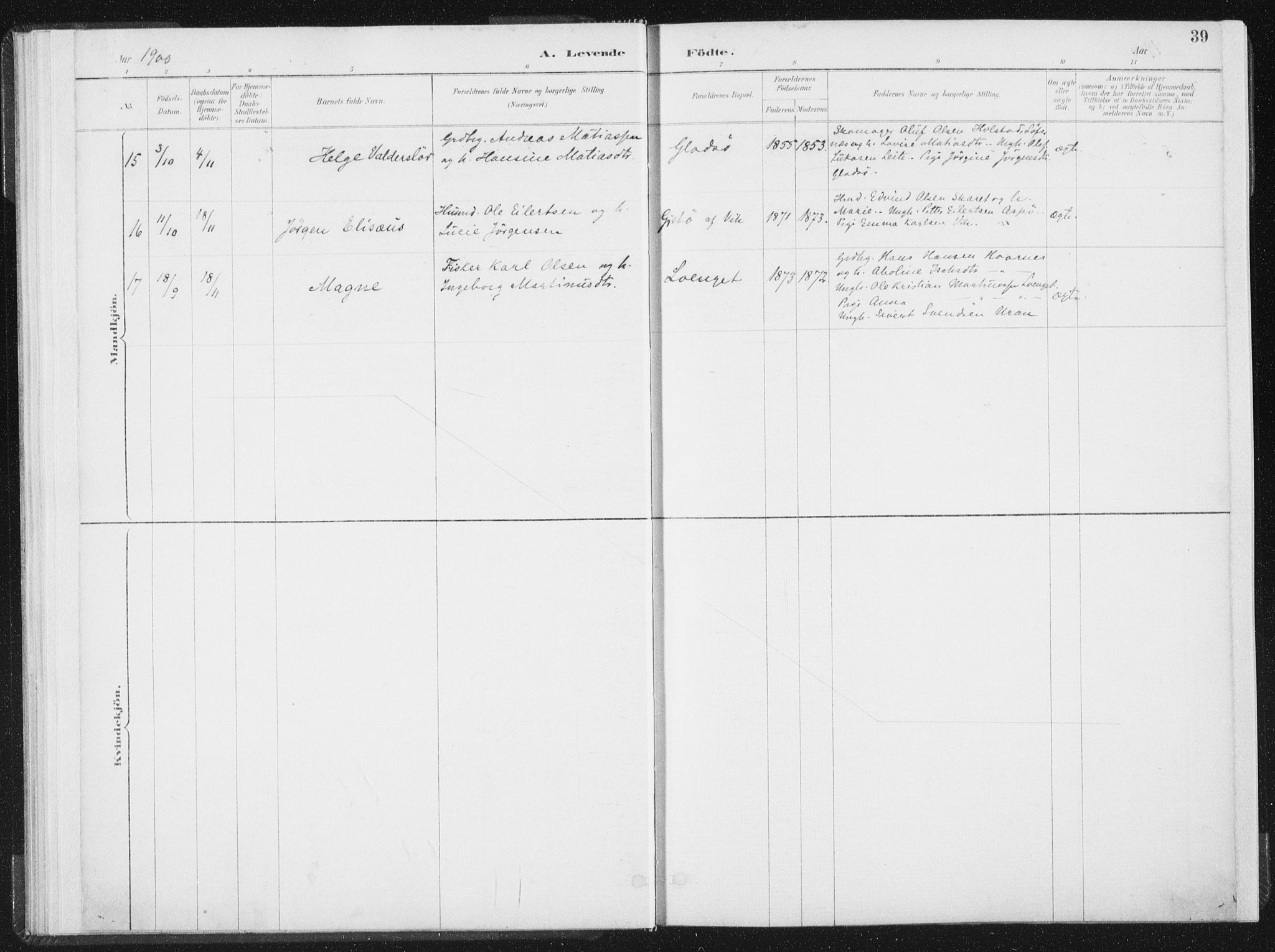 Ministerialprotokoller, klokkerbøker og fødselsregistre - Nord-Trøndelag, SAT/A-1458/771/L0597: Parish register (official) no. 771A04, 1885-1910, p. 39