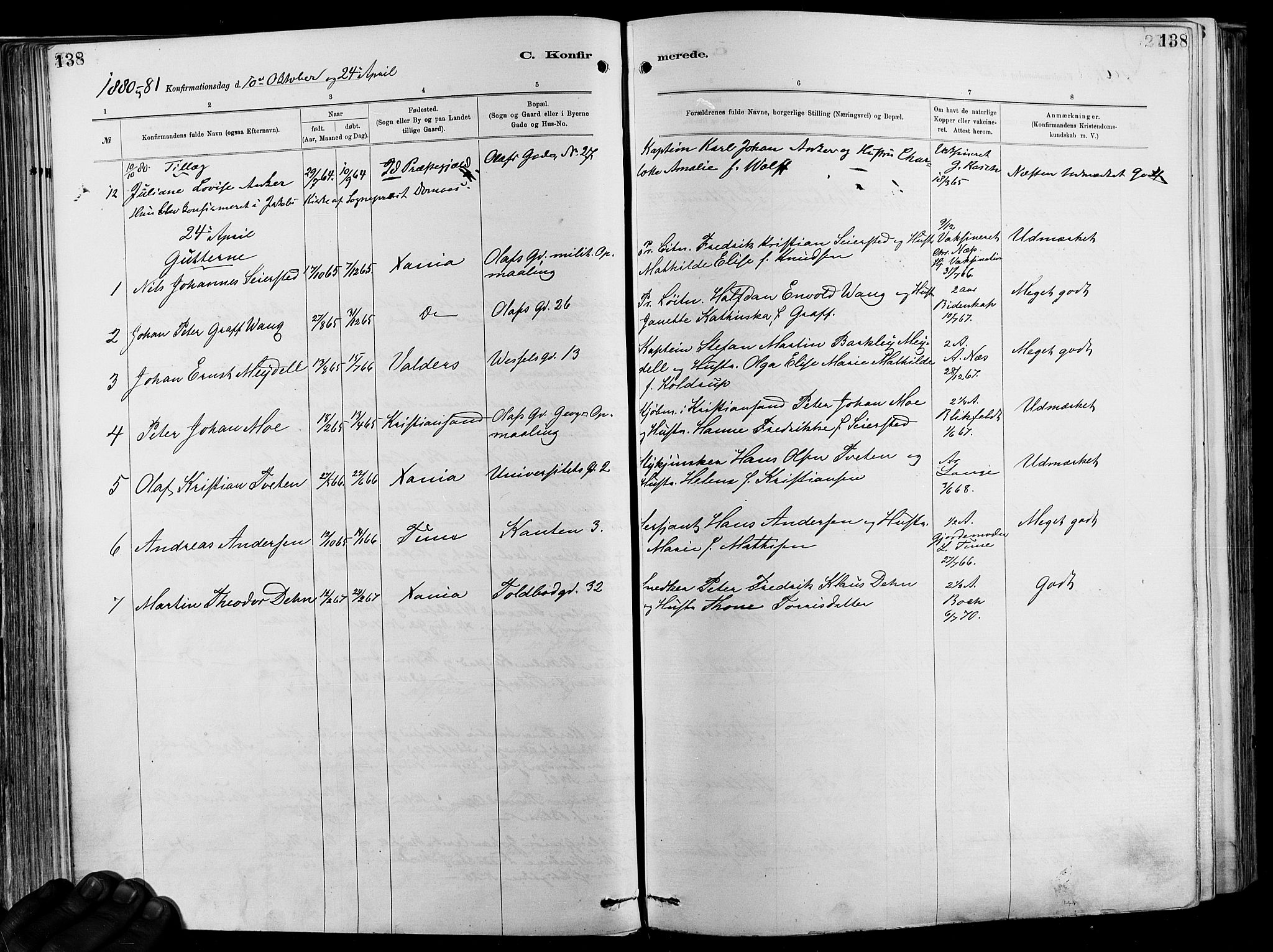 Garnisonsmenigheten Kirkebøker, SAO/A-10846/F/Fa/L0012: Parish register (official) no. 12, 1880-1893, p. 138