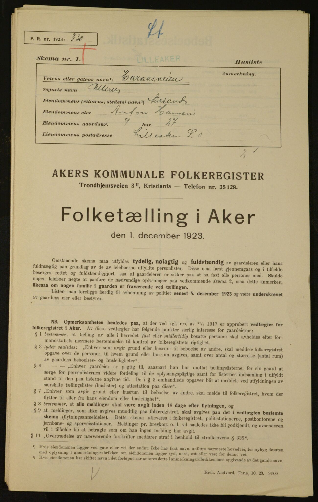 , Municipal Census 1923 for Aker, 1923, p. 2073