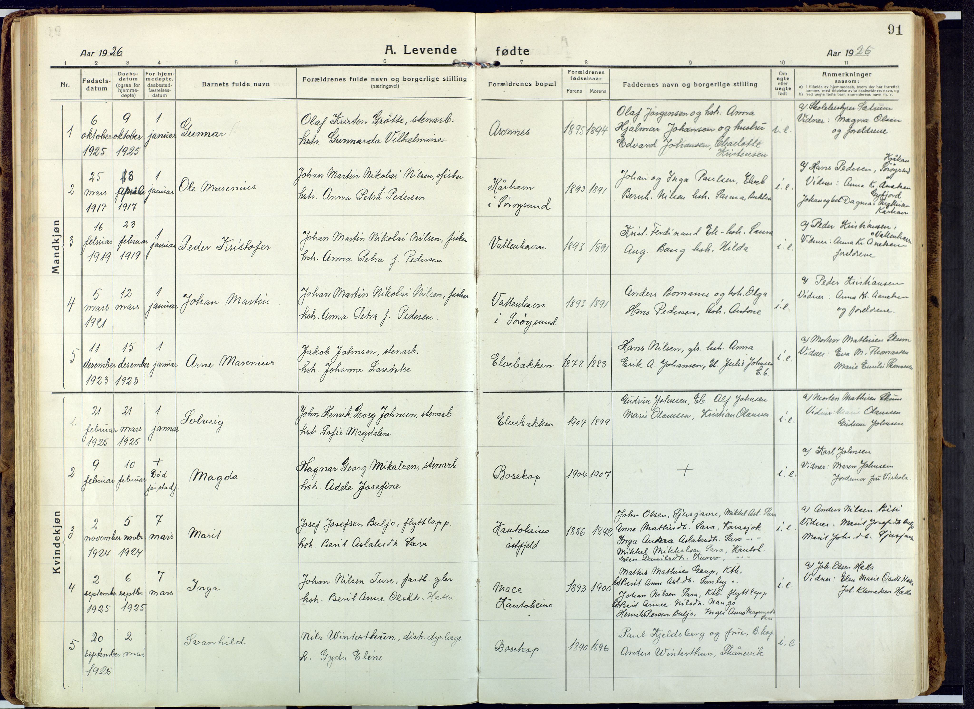 Alta sokneprestkontor, AV/SATØ-S-1338/H/Ha: Parish register (official) no. 6, 1918-1931, p. 91