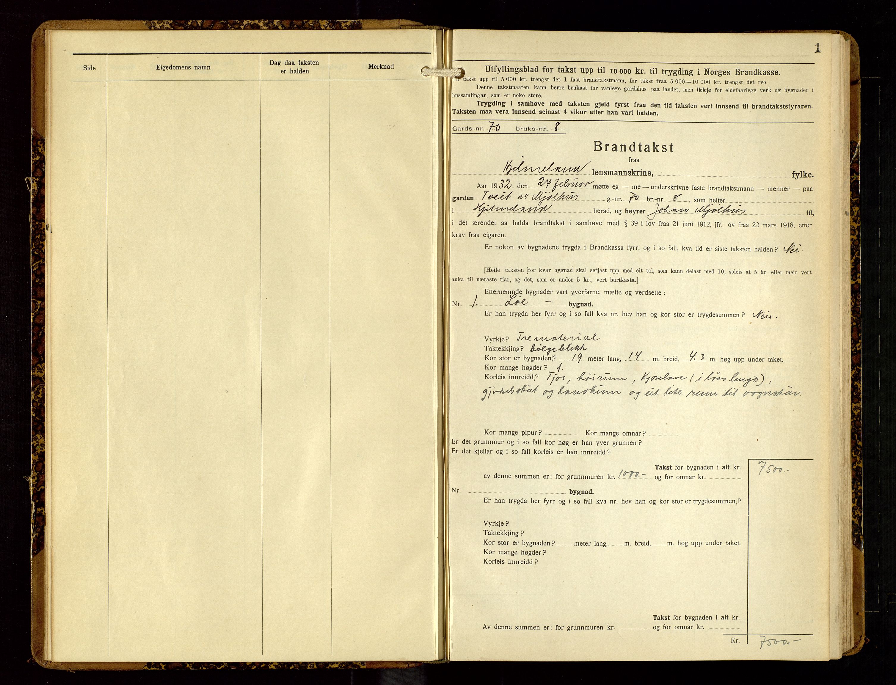 Hjelmeland lensmannskontor, AV/SAST-A-100439/Gob/L0003: "Brandtakstbok", 1932-1950, p. 1