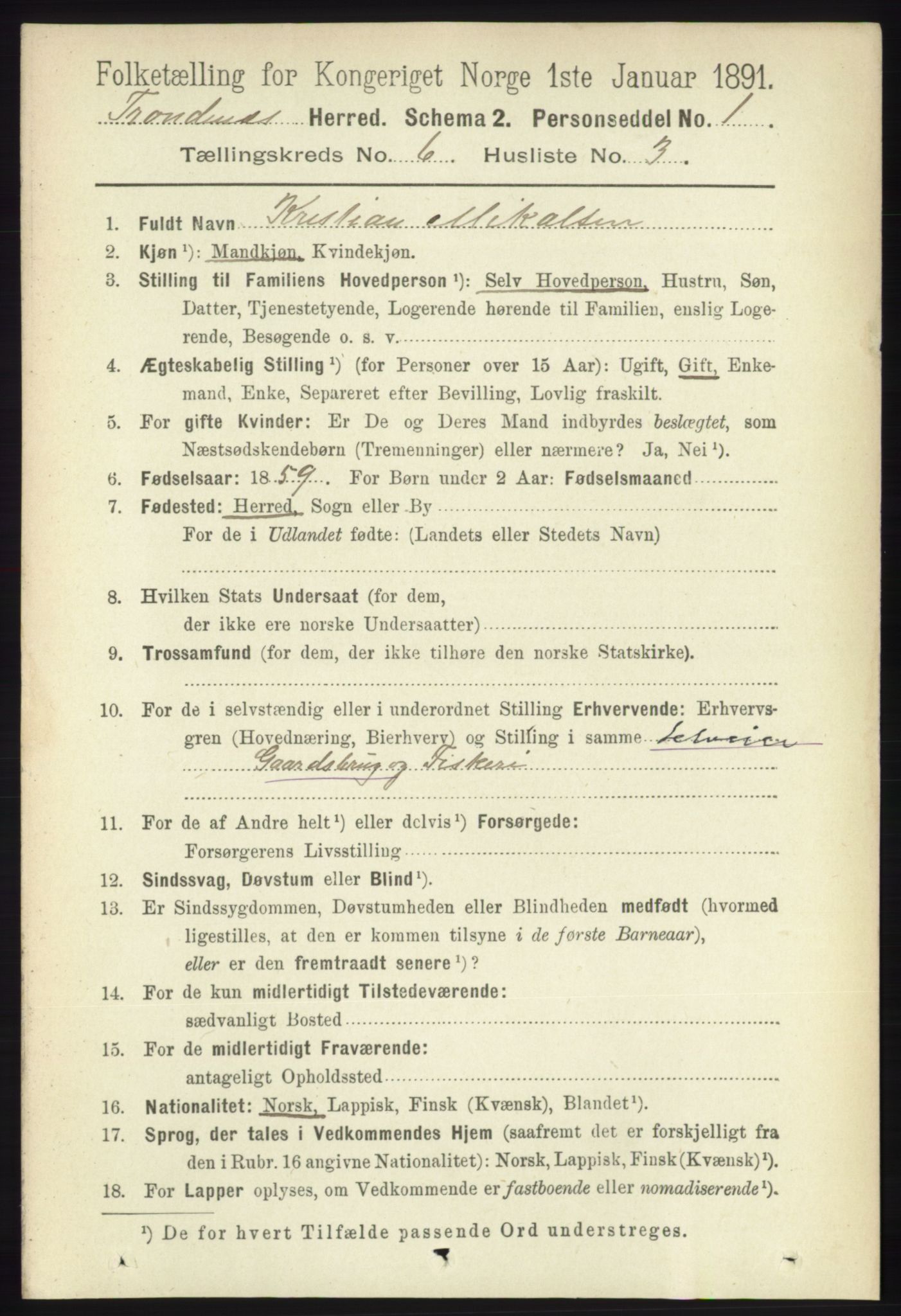 RA, 1891 census for 1914 Trondenes, 1891, p. 3831