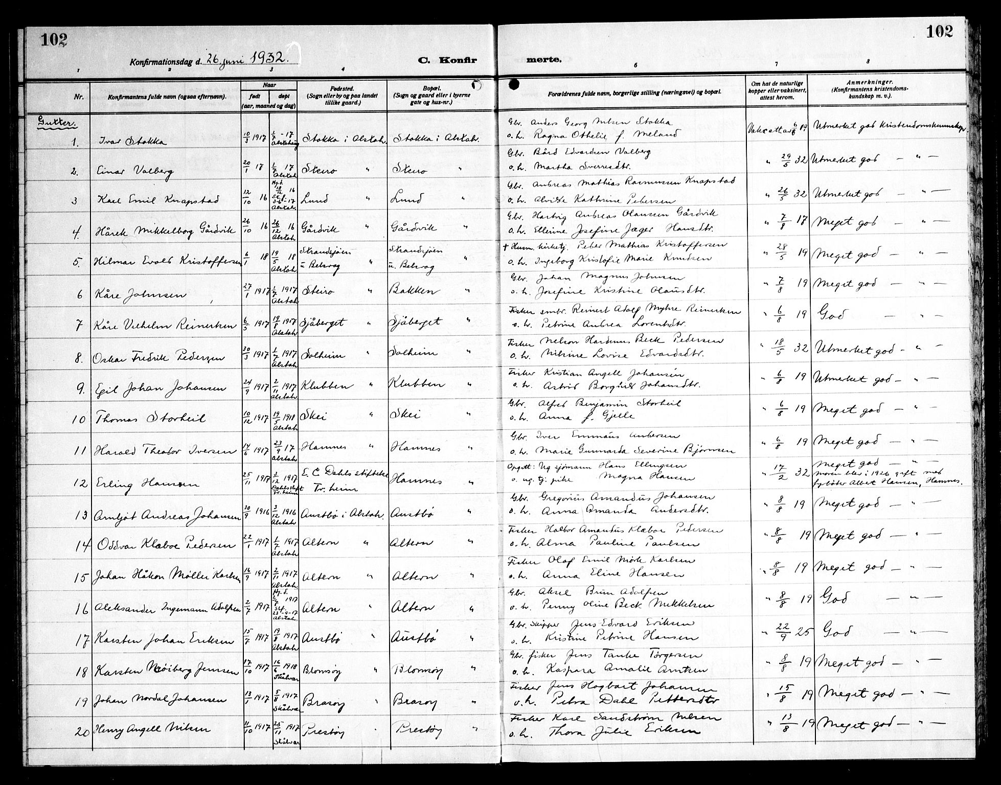 Ministerialprotokoller, klokkerbøker og fødselsregistre - Nordland, AV/SAT-A-1459/830/L0466: Parish register (copy) no. 830C08, 1920-1945, p. 102