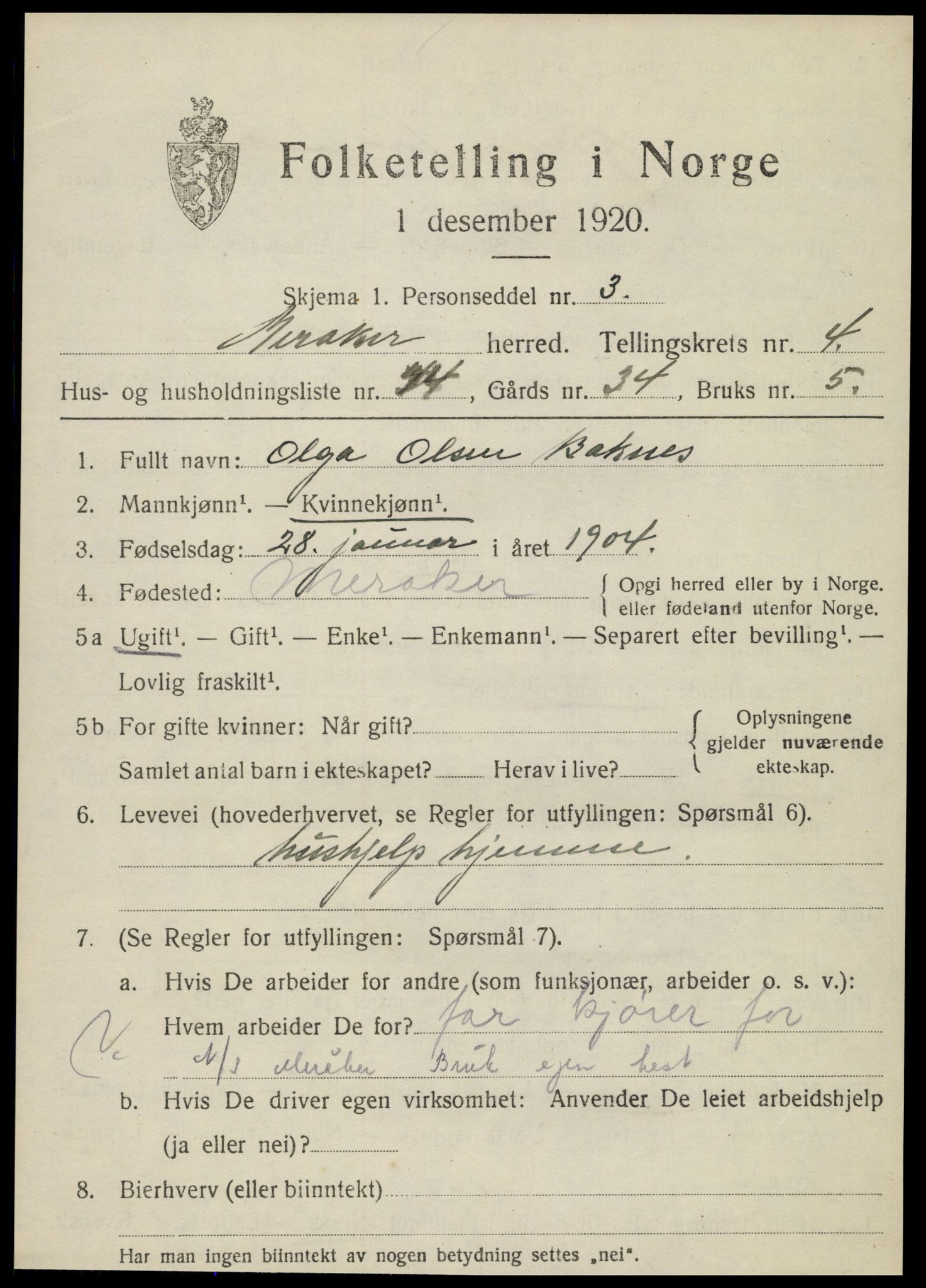 SAT, 1920 census for Meråker, 1920, p. 4016