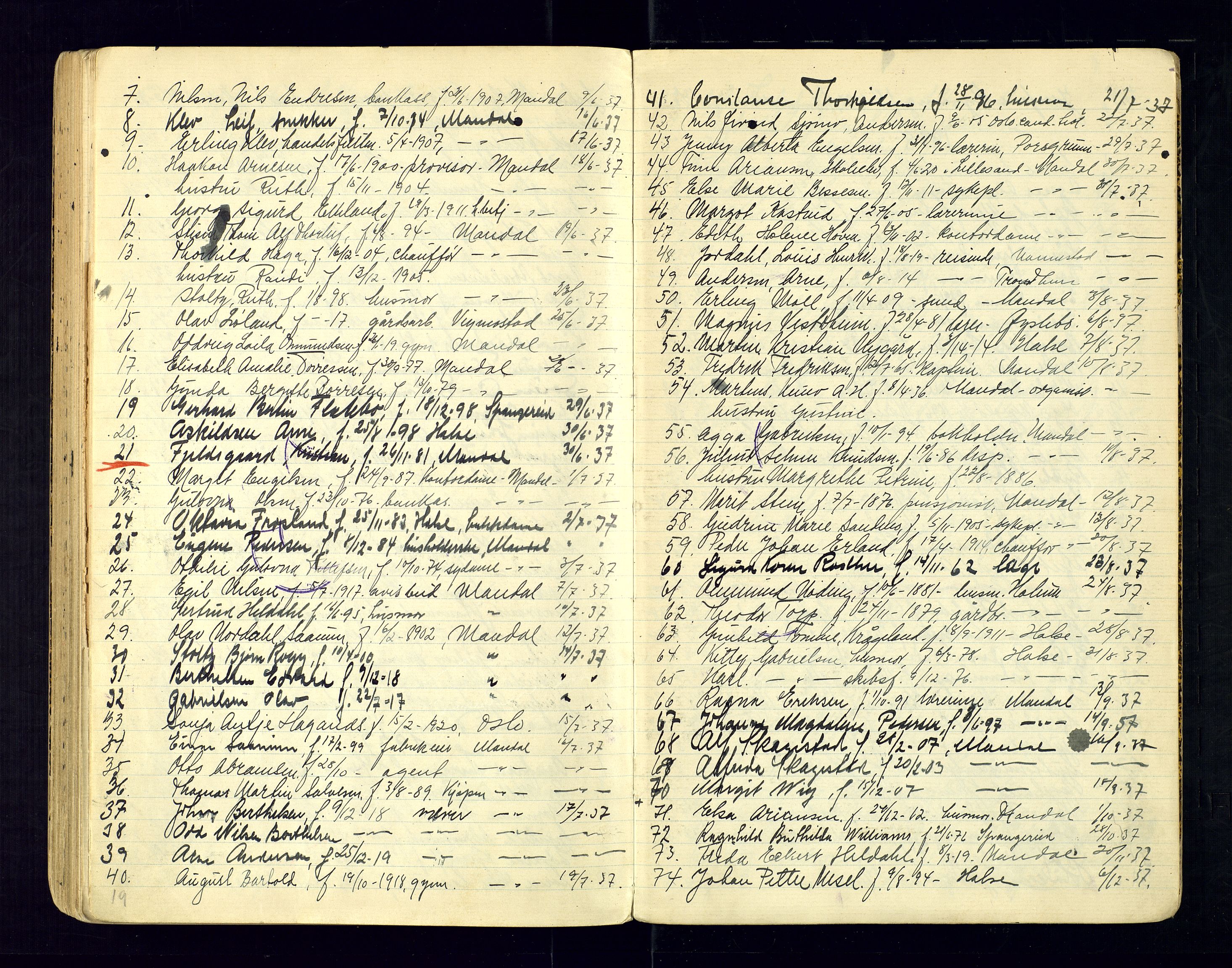 Vest-Agder politikammer, AV/SAK-1243-0008/K/Ka/L0087: Passprotokoll med register, 1932-1946, p. 71