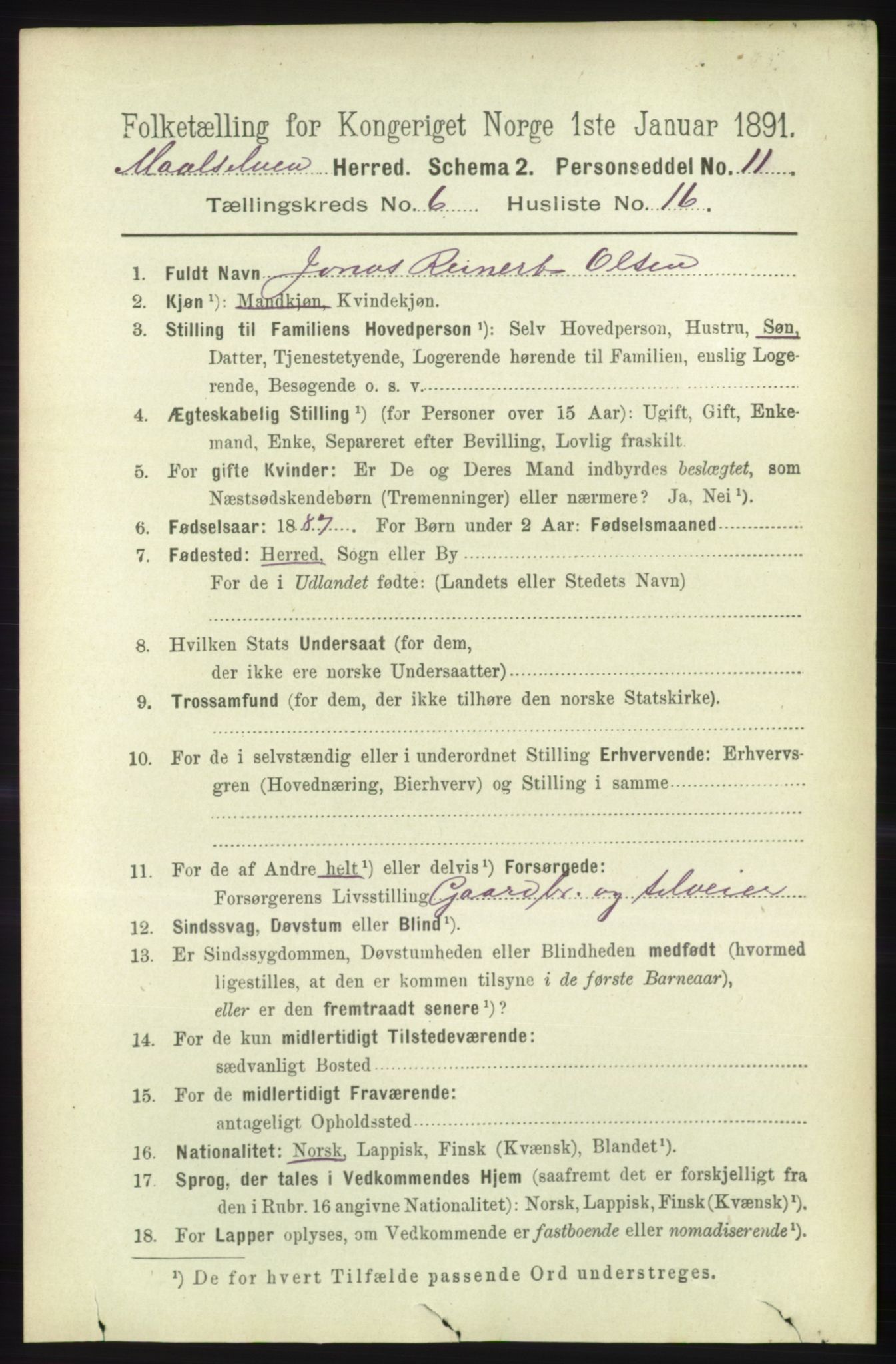 RA, 1891 census for 1924 Målselv, 1891, p. 2166