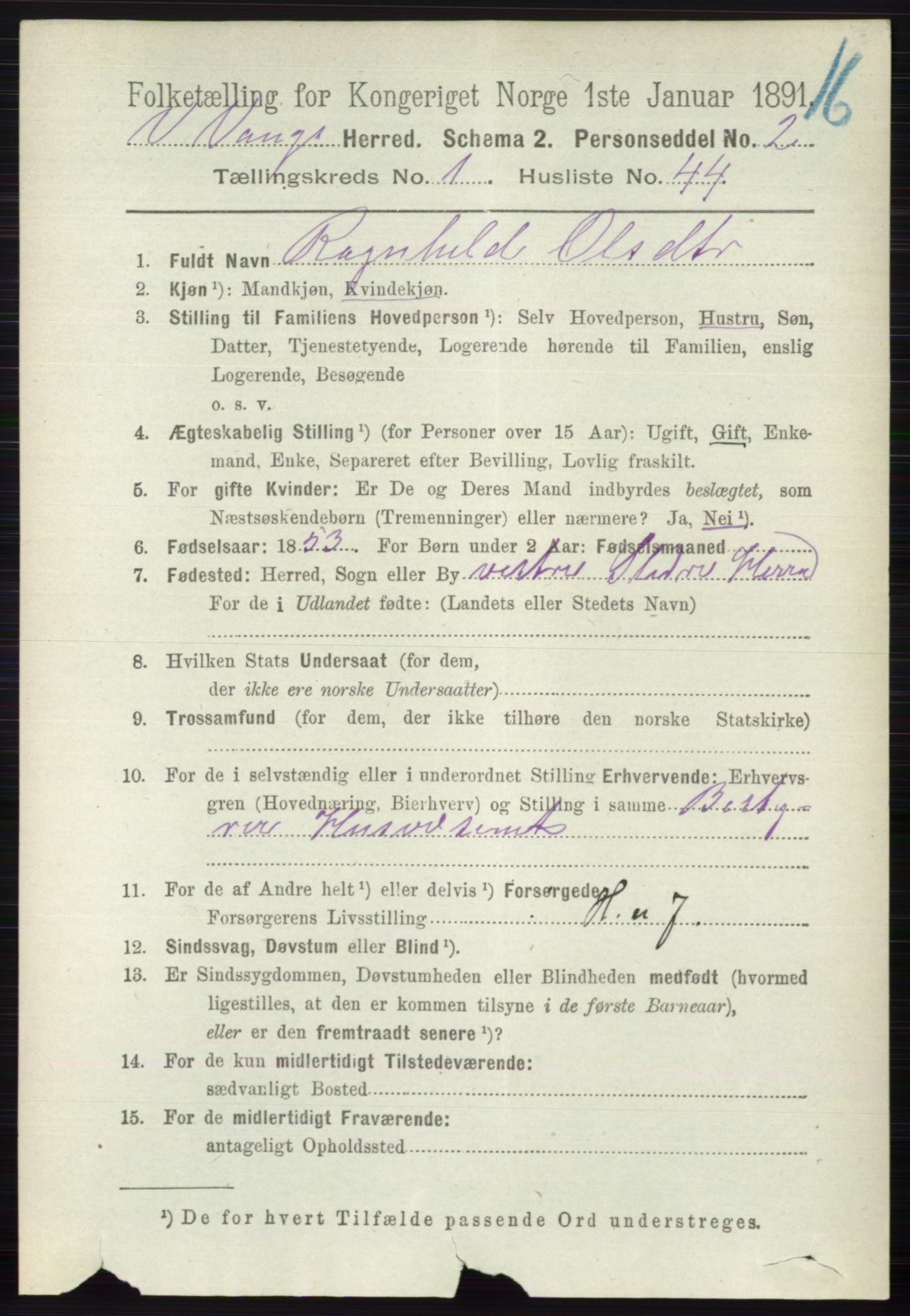 RA, 1891 census for 0545 Vang, 1891, p. 335