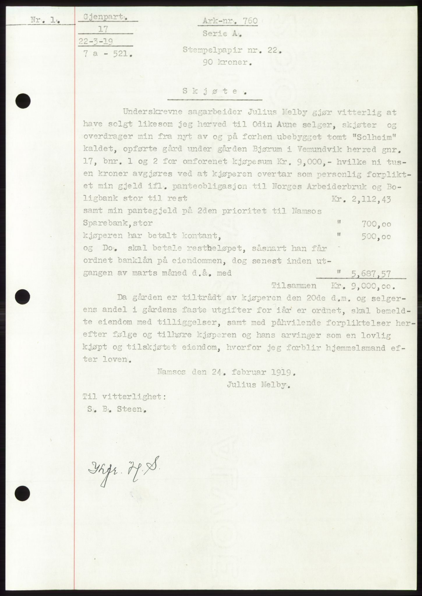 Namdal sorenskriveri, SAT/A-4133/1/2/2C: Mortgage book no. -, 1916-1921, Deed date: 22.03.1919